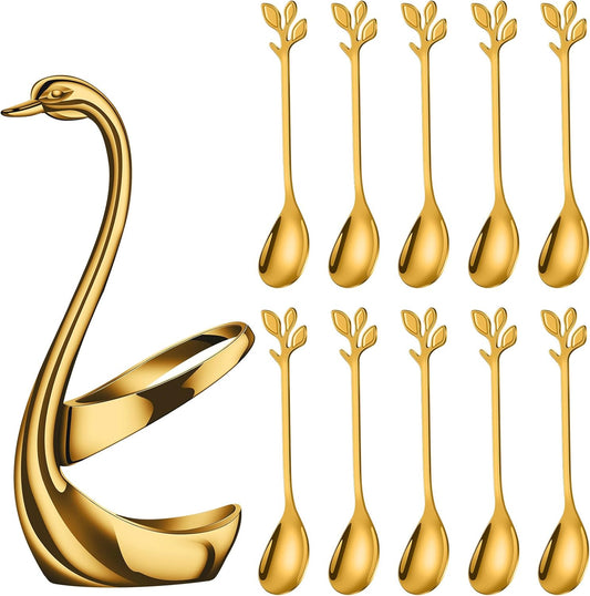 AnSaw Gold Small Coffee Spoon Holder Set,Swan Base With 10 Pcs Demitasse Espresso Spoons Set,4.7" Mini Leaf Dessert Spoon,Stainless Steel Tea Spoons