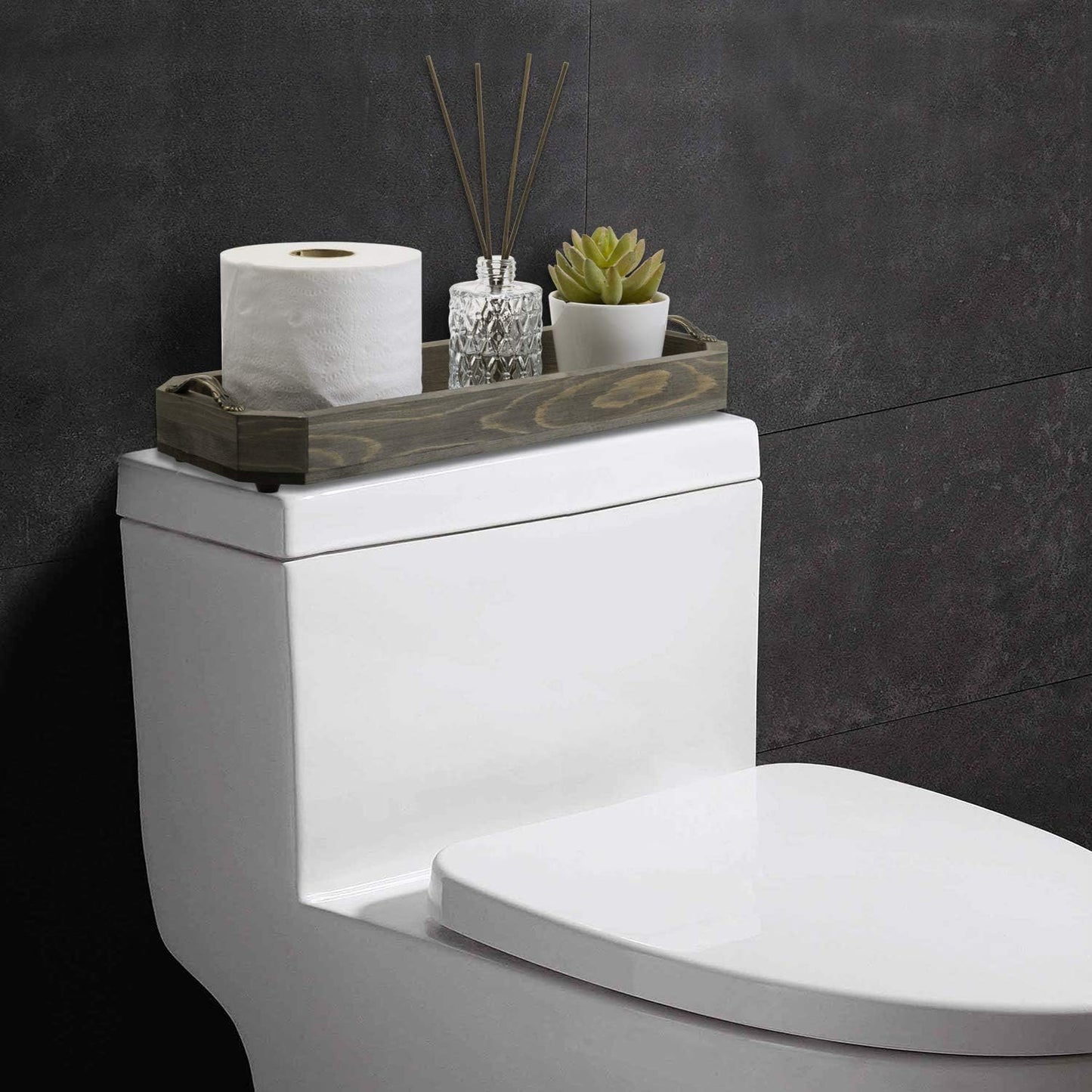 MyGift Wooden Vanity Tray, Rustic Gray Solid Wood Toilet Tank Tray - Decorative Octagonal Cosmetic Organizer with Antique Metal Handles
