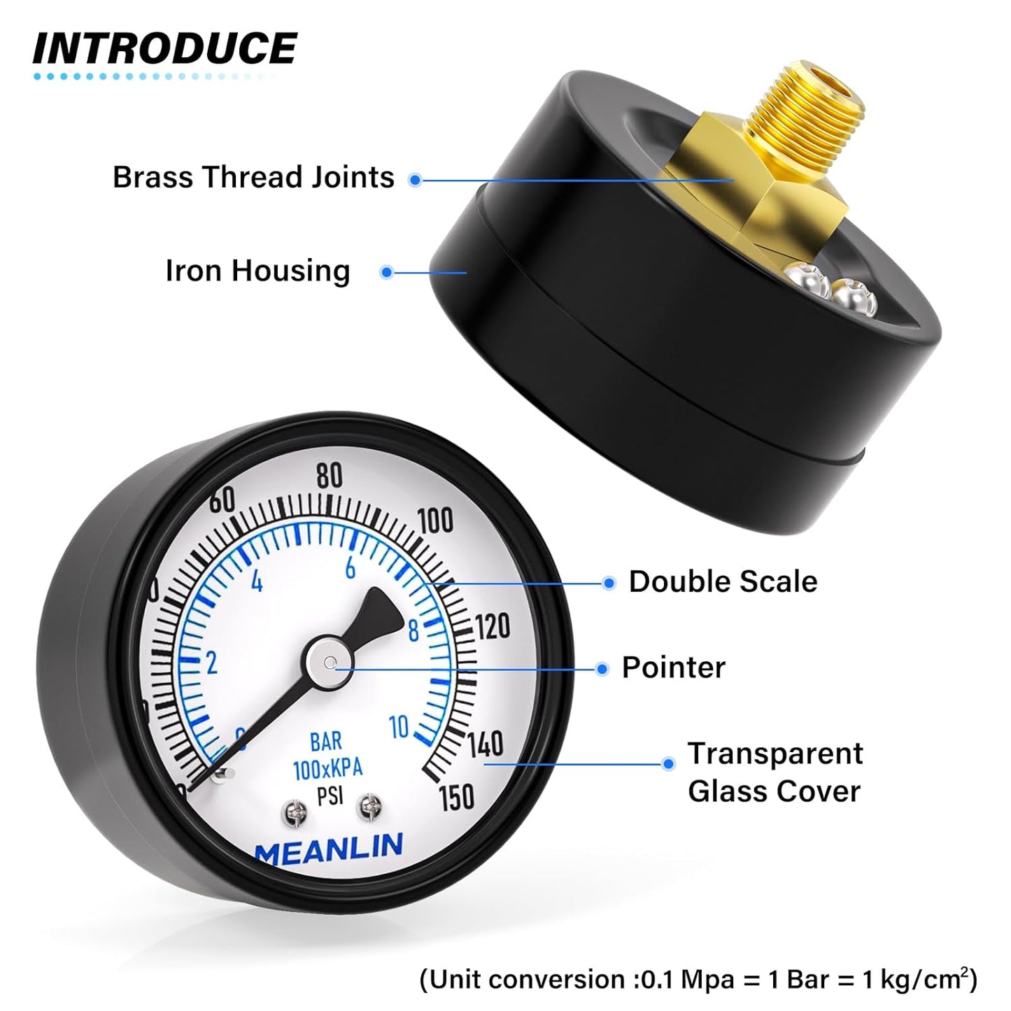 MEANLIN MEASURE 0-150Psi 2" DIAL FACE 1/8" NPT Well Pump Pressure Gauge, with 1/4" NPT and 3/8" NPT Hex Bushing, 3-2-3% Accuracy, Center Back Mount