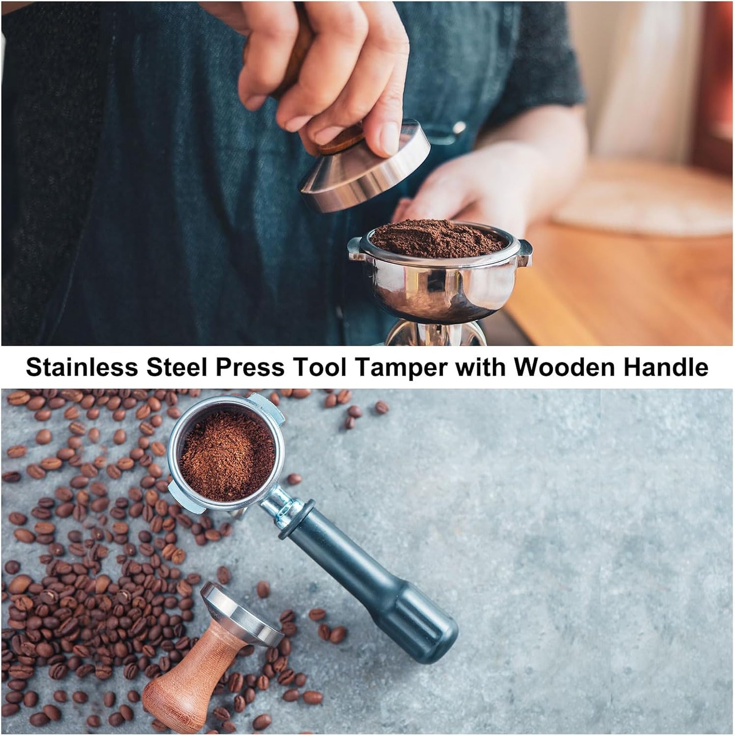 uxcell 58mm Espresso Tamper, Stainless Steel Press Tool Tamper with Wooden Handle, Espresso Accessories for Baristas, Shops, Cafe (Flat Base, Deep Wooden)