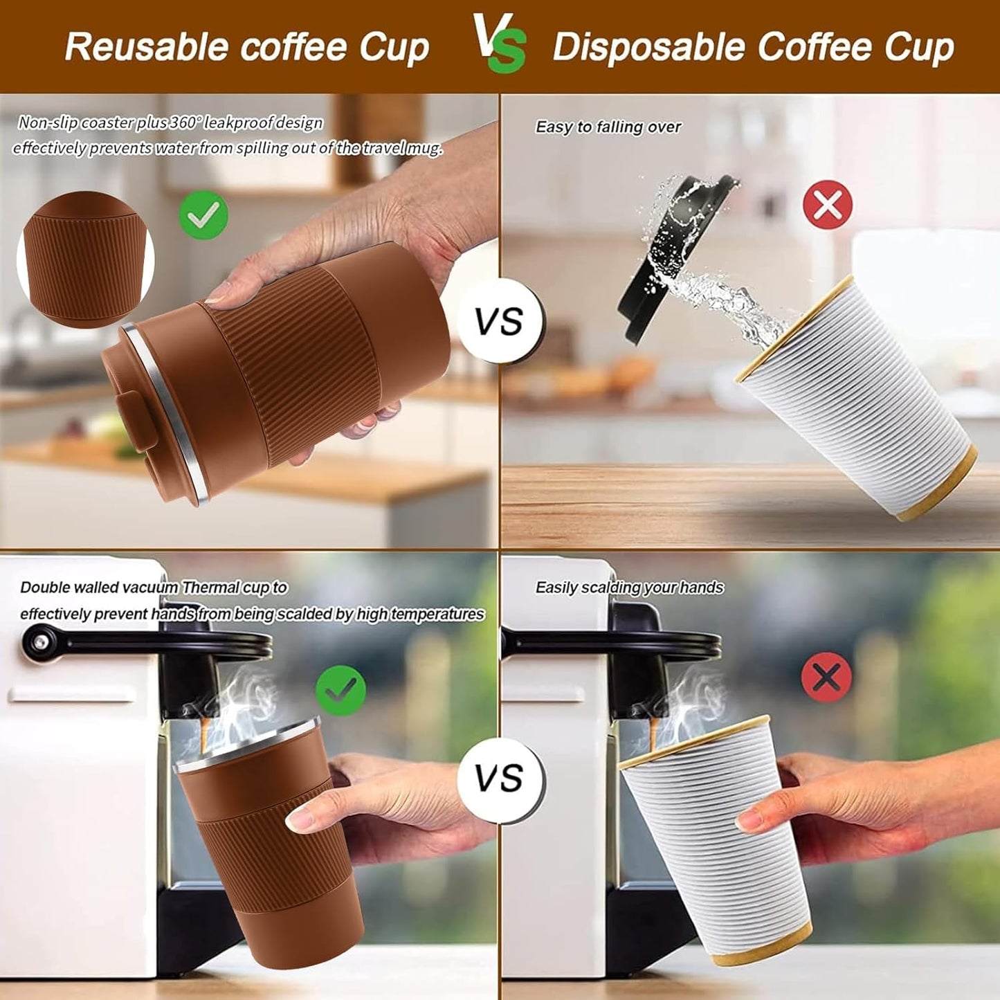 YINBAOGE Insulated Travel Coffee Mug Spill Proof Leak Proof Pobtable To Go Camping Stainless Steel Coffee Tumbler Reusable Coffee Cups with Lids Thermos for Hot and Cold Drink (Brown, 17 OZ)