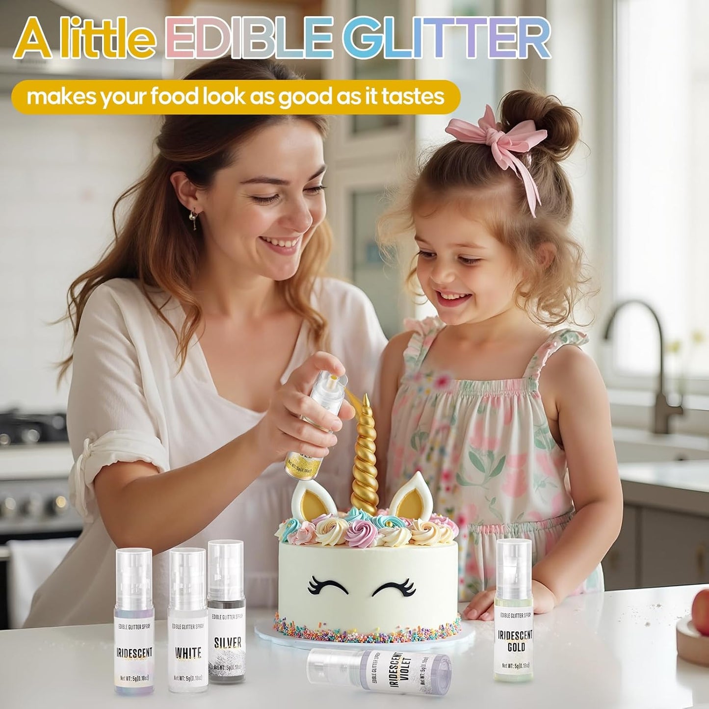 Edible Glitter Spray,Gold & Silver 2 Colors Food Grade Edible Glitter Set for Drink Cake Beverages,Cupcakes,Cake Pops and Cookies Decorating