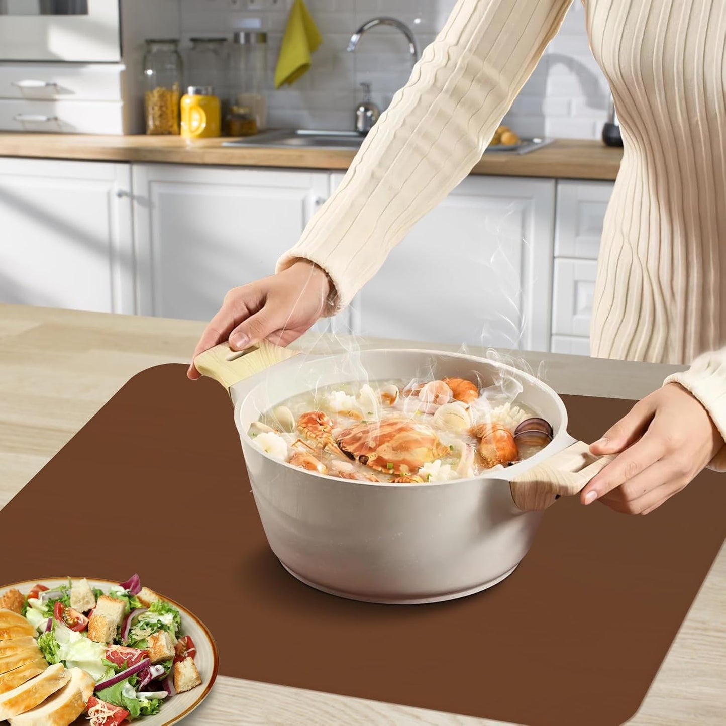 Silicone Mat for Kitchen Counter, Silicone Mat Trimable to Size (Brown, 15.7×11.8inch-2pcs), BPA-Free Silicone Placemat, Heat-Resistant NonSlip Table Mat for Air Fryer, Countertop Protector Mat