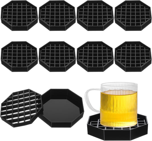 Set of 8 Coffee Countertop Drip Trays, 4" Octagon Shape, Black Plastic with Honeycomb Grid Design for Bars, Restaurants, and Drink Dispensers.