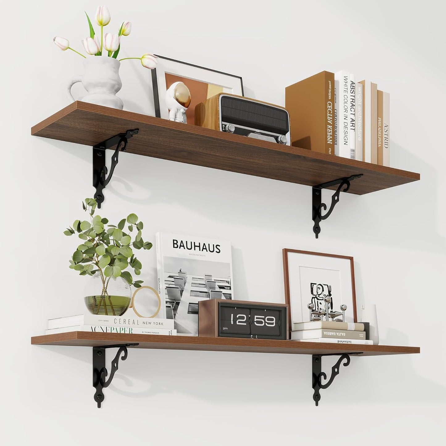 RICHFOCUS Floating Shelves for Wall Decor, 35.4W x 8D Wall Shelves Set of 2, 8 Inch Deep Rustic Wood Shelves Wall Mounted with Brackets, Long Floating Shelves for Living Room Bedroom Kitchen, Walnut