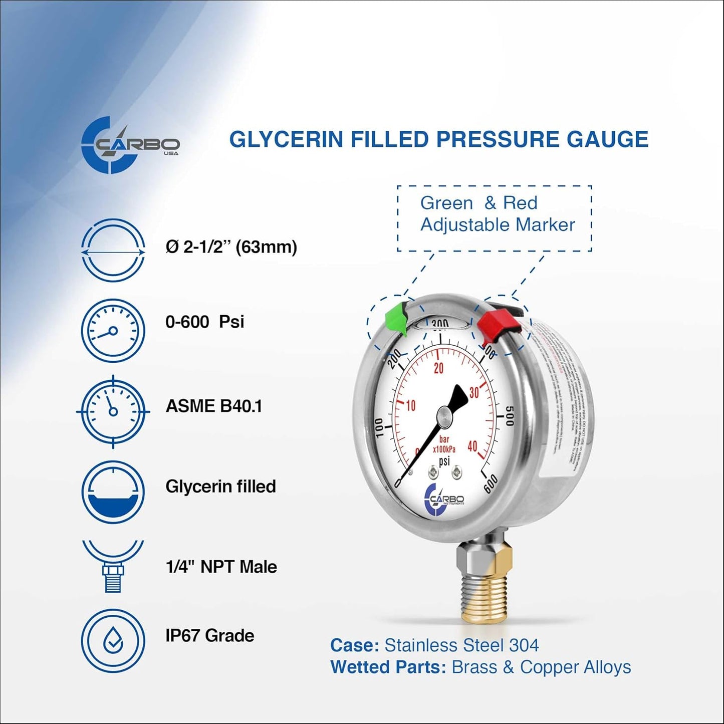 Stainless Steel Pressure Gauge Dual Display (0-600 psi/kPa) - 2 1-2" Glycerine Liquid Filled Water Air Oil Gas Gauge with Polycarbonate Lens & Brass Connection - 1/4" NPT Lower Mount