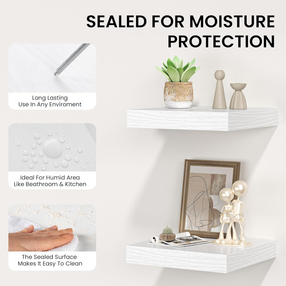 Square Floating Shelves for Wall, 10" W x 10" D x 1.2" H, Small Wooden Wall Mounted Display Shelves with Invisible Brackets for Living Room, Bedroom, Bathroom, Kitchen Decor, Set of 4, White