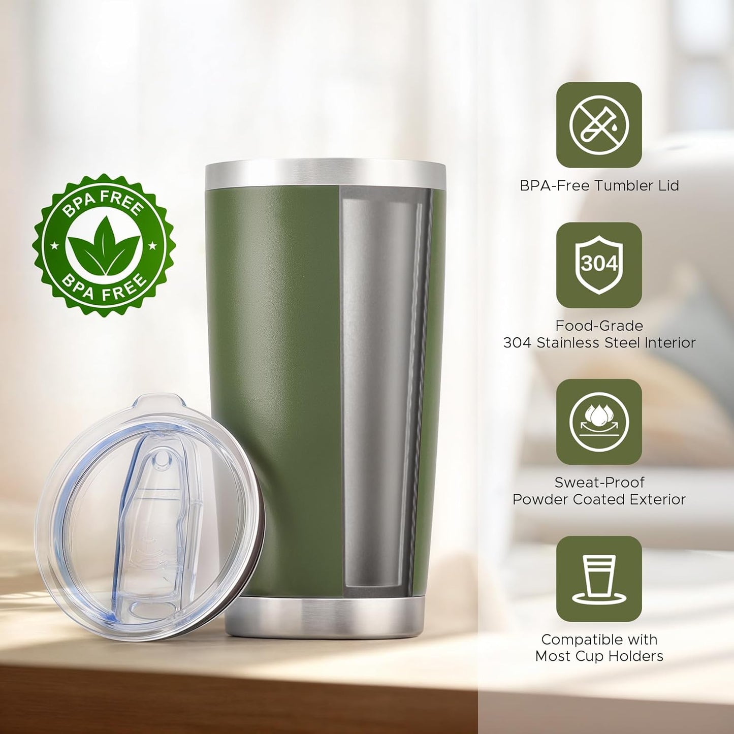 OMTech 20oz Tumblers Bulk, 6pc Stainless Steel Tumbler Set with Lid & Straw, Double Wall Vacuum Insulated Mug for Laser Engraver, Travel Coffee Mug for Hot & Cold Drinks, Army Green Powder Coated Cup