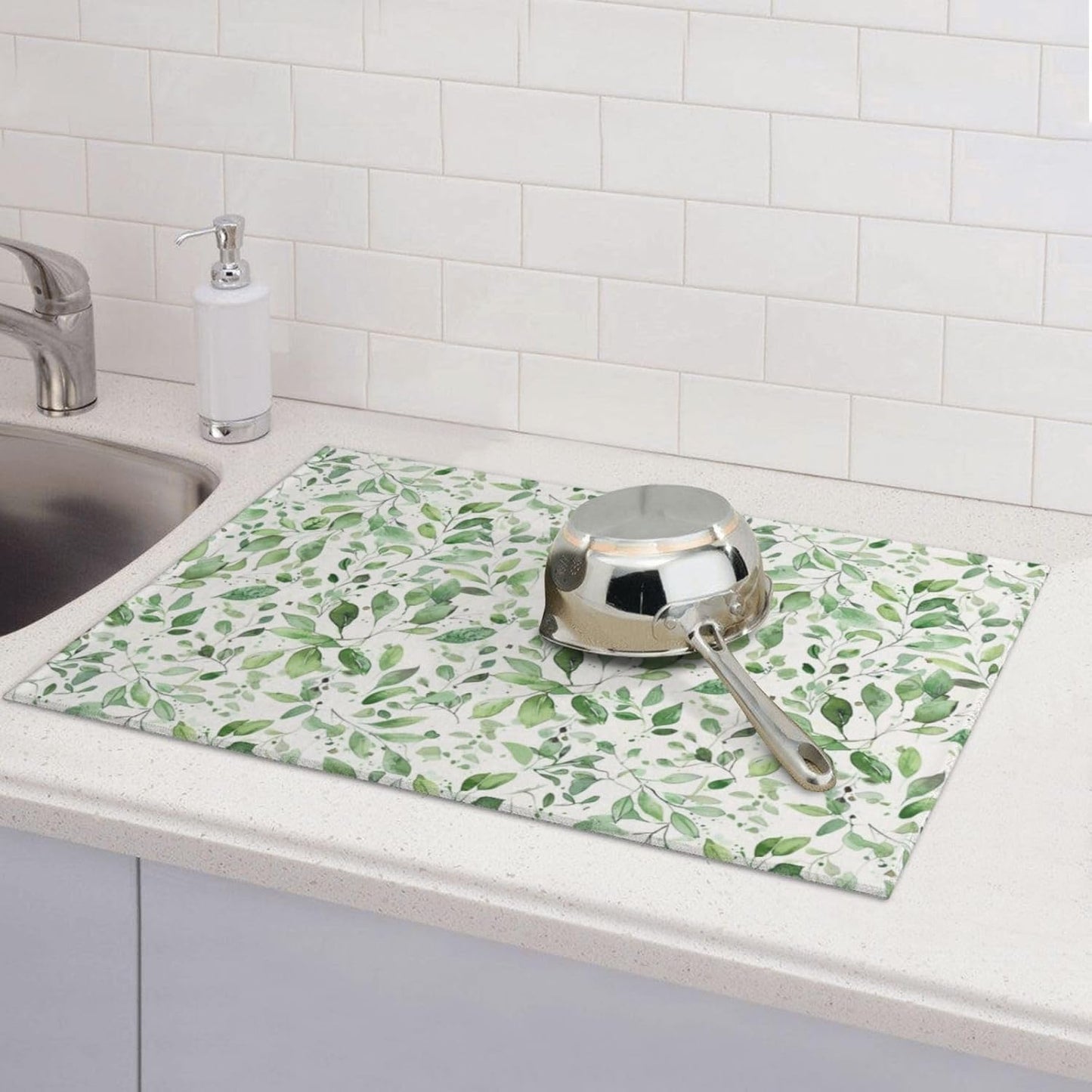 Green Leaves Dish Drying Mat, Highly Absorbent Microfiber Kitchen Counter Pad Reusable Washable, 18*24"