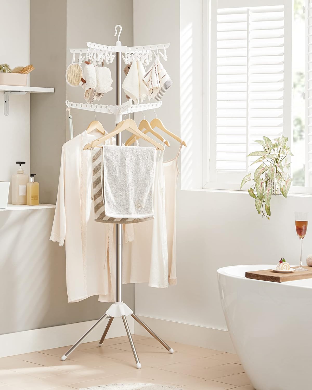 SONGMICS 2-Tier Clothes Drying Rack, 72-Inch Folding Laundry Drying Rack with 3 Rotatable Arms for Hangers, 24 Clips, Stainless Steel, for 27 Pieces of Clothes, White and Silver ULLR512W01