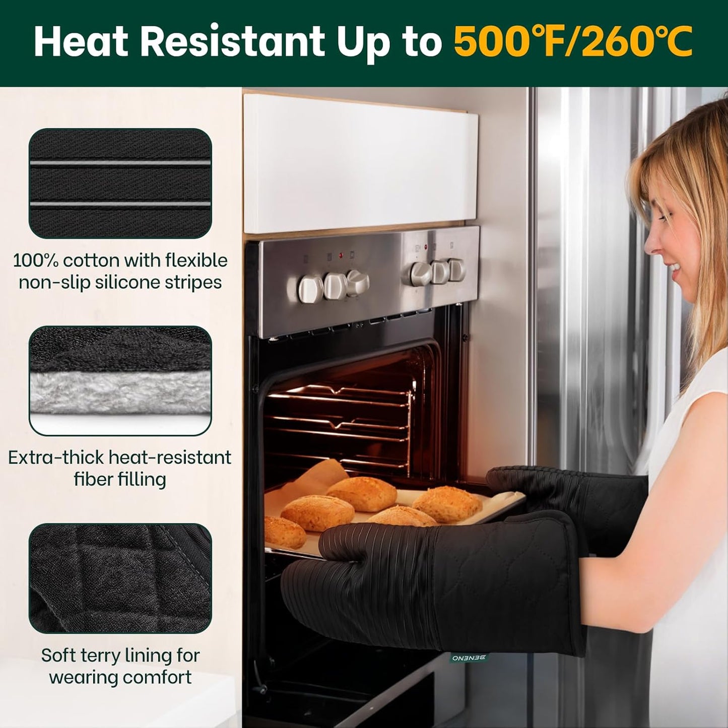 Beneno Kitchen Oven Mitts 2-Pack Heat Resistant to 500°F with Non-Slip Silicone Grip, Extra Long 14.3" Forearm Protection, Soft Quilted Cotton Terry Lining, Ideal for Cooking, Baking, Grilling, Black