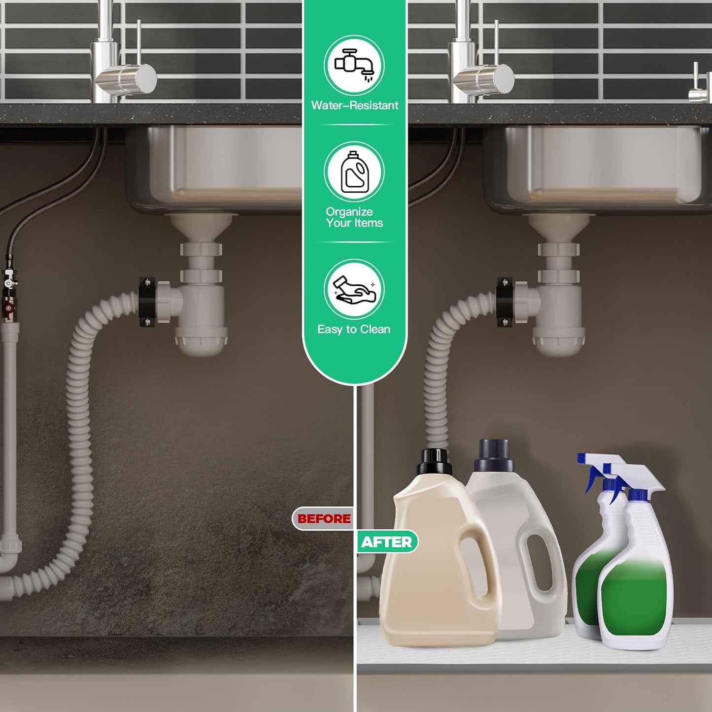 TRZZ Silicone Waterproof Under Sink Mat 28" x 22", Drip Tray and Cabinet Liner for Kitchen and Bathroom, Prevents Water Damage and Organizes Cabinets (Khaki)