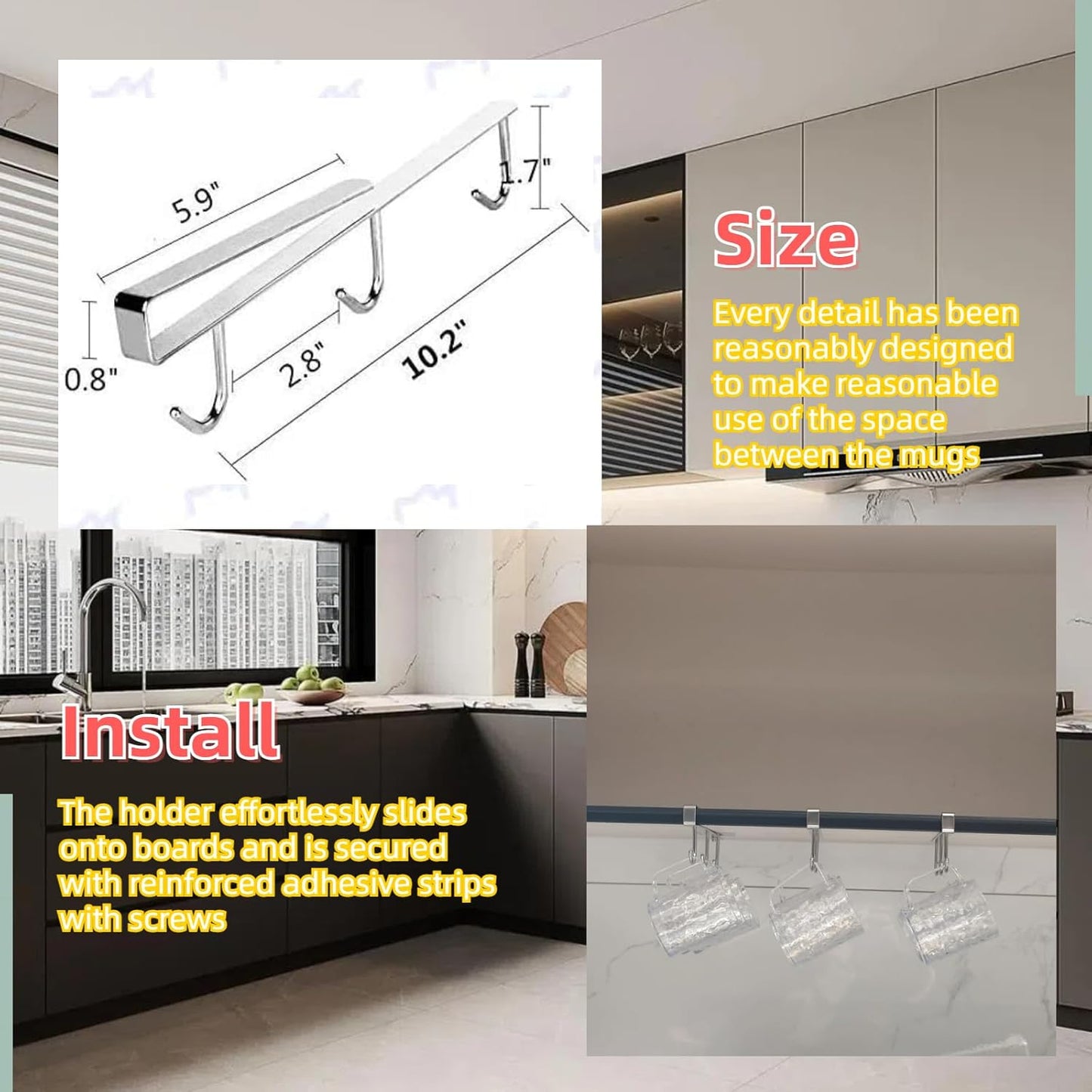 Mug Hooks Under Cabinet , 304 Stainless Steel Cup Hooks for Hanging Under Shelf, Mug Organizer Rack with 9 Hooks for Displaying Mugs, Coffee Cups and Kitchen Utensils,Fit for 0.8" or Less thickness