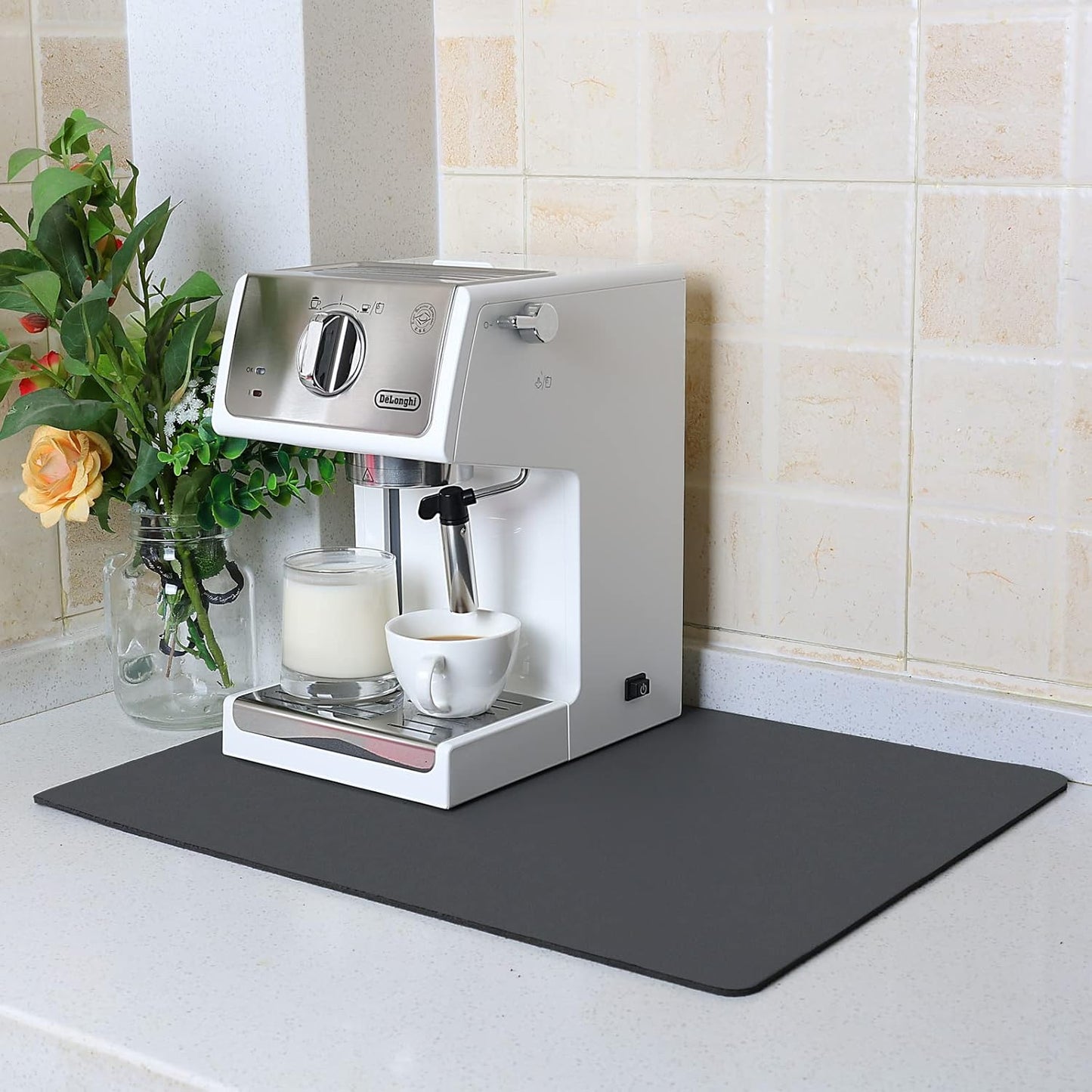 ZLR Coffee Mat - 16" x 24" Extra Large Kitchen Hide Stain Absorbent Dish Drying Mat for Countertop - Easy to Clean Coffee Bar Mat for Espresso Machine and Spill Protection - Dark Gray