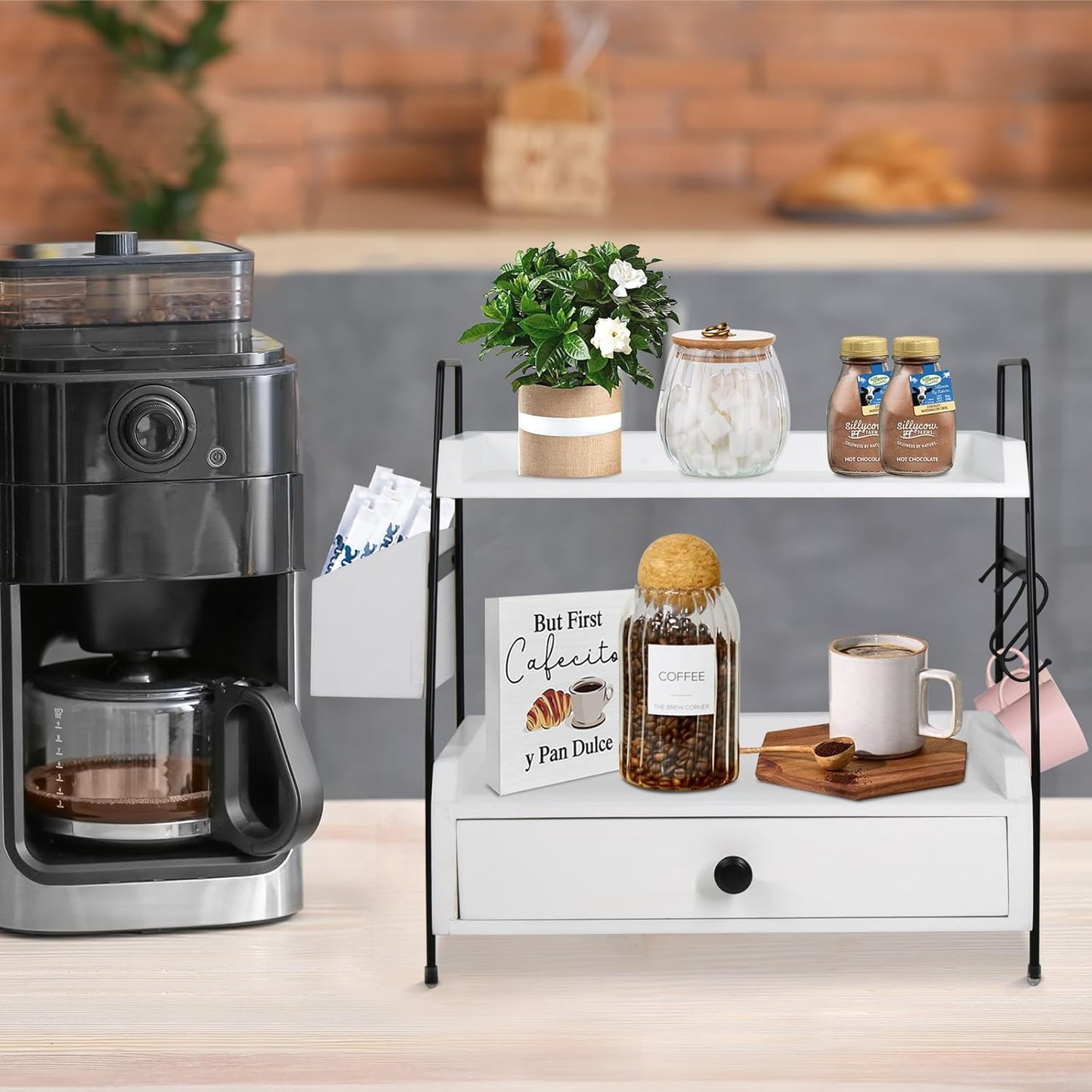 Coffee Bar Accessories and Organizer Countertop, Coffee Station Organizer Kitchen Counter Shelf Organizer, Coffee Condiment Storage, Cup Lid Holder Countertop Shelf for Bathroom