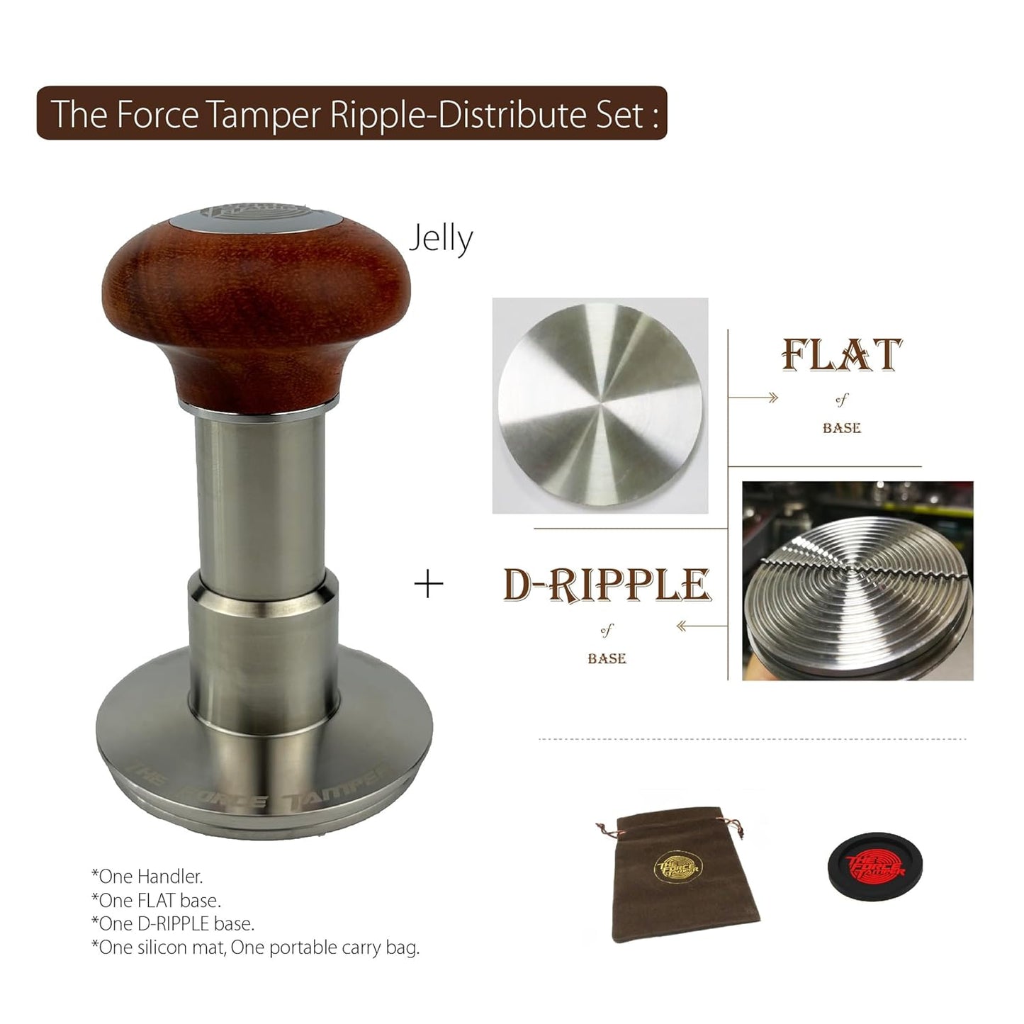 The Force Tamper Automatic Impact Adjustable Constant Pressure and Autoleveling Coffee Tamper Reddish Brown Jellyfish Wooden Handle Set Pro (Ripple-Distribute Set, 58.35mm)