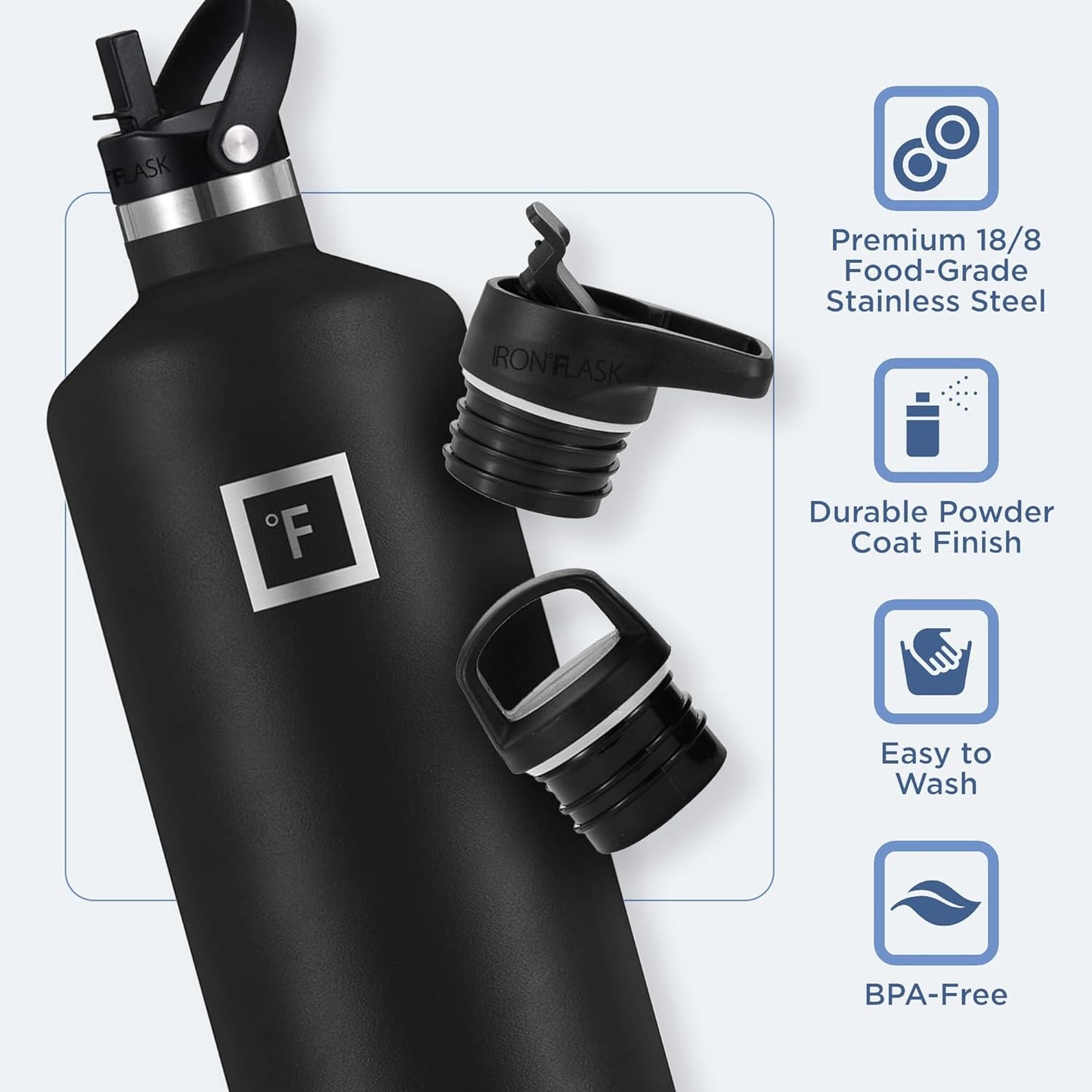 IRON °FLASK Camping & Hiking Hydration Canteens - 3 Lids (Narrow Straw Lid) Leak Proof Vacuum Insulated Stainless Steel - Hot & Cold Double Walled Sports Water Bottle - Fire, 64 Oz