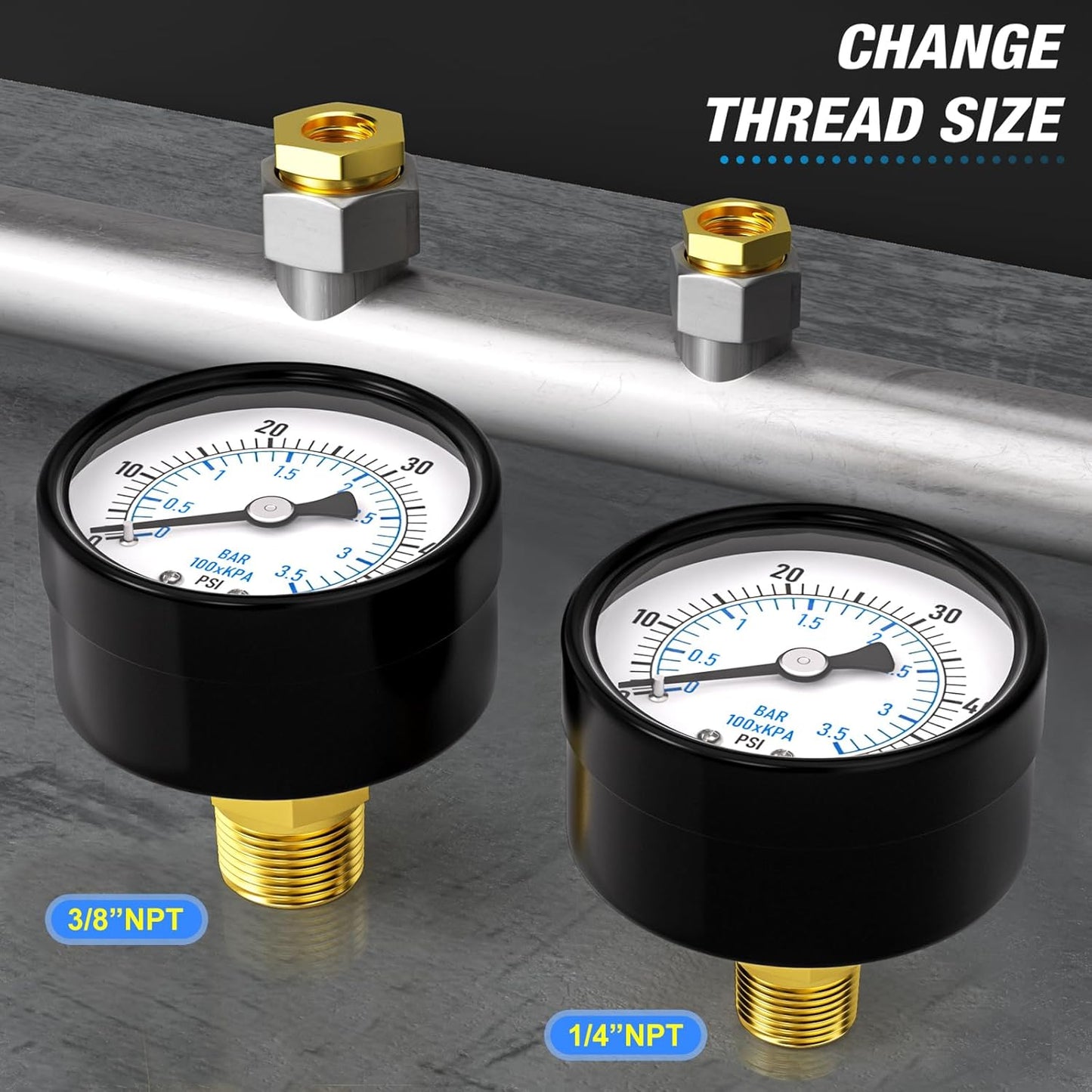 MEANLIN MEASURE 0-50Psi 2" DIAL FACE 1/8" NPT Well Pump Pressure Gauge, with 1/4" NPT and 3/8" NPT Hex Bushing, 3-2-3% Accuracy, Center Back Mount