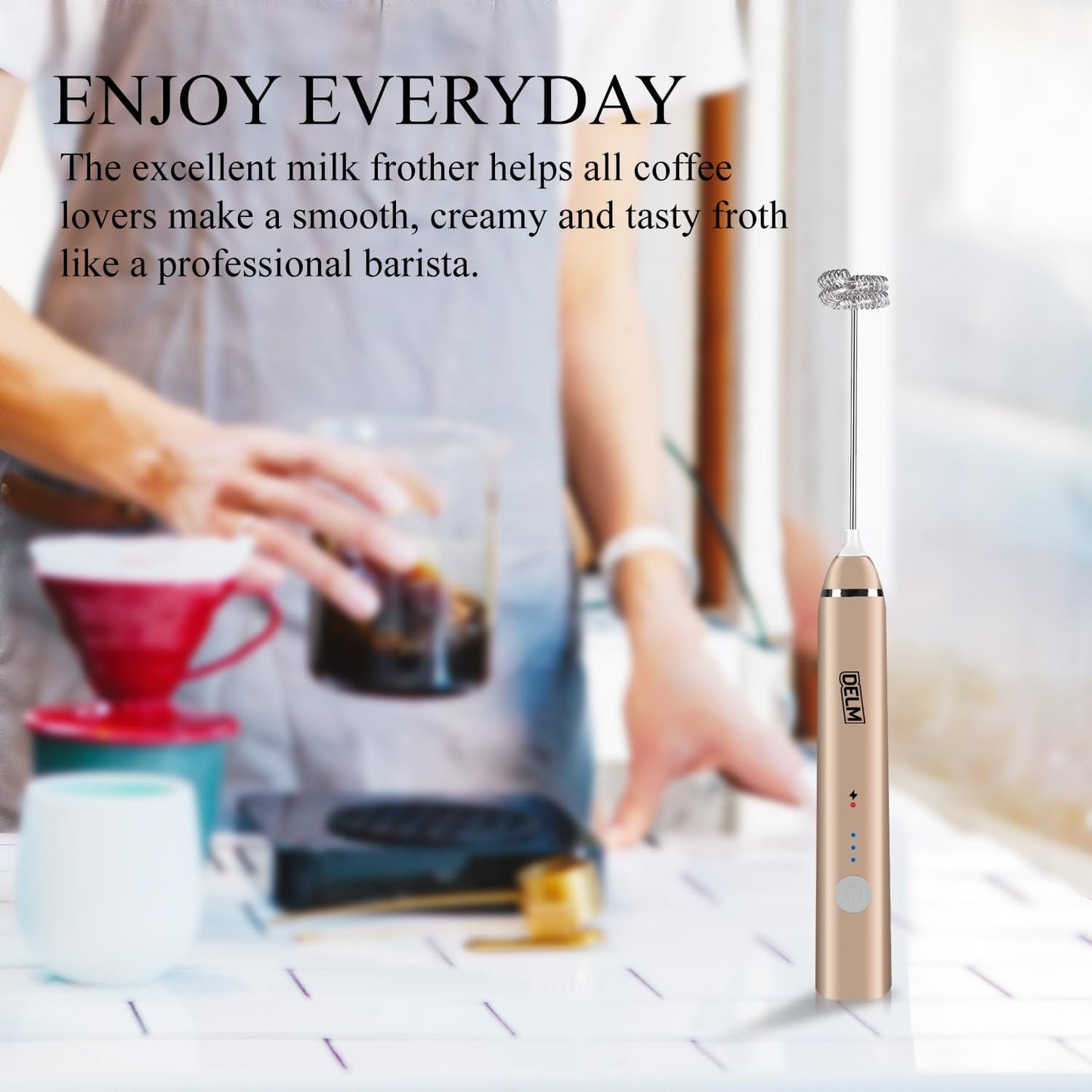 Delm Milk Frother Electric USB Stainless Steel Accessory - Frother Wand Foam Maker for Lattes - Milk Frother Handheld for Cappuccino, Frappe, Matcha, Hot Chocolate - Frother for Coffee (beige/gold)