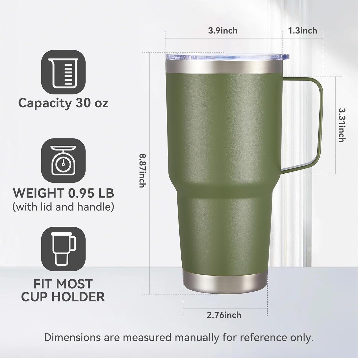 30 oz Tumbler with Handle and Lid, Stainless Steel Tumblers Double Wall Vacuum Insulated Travel Mug Leak Proof Cup Keep Drinks Cold and Hot Army Green, 1 Pack