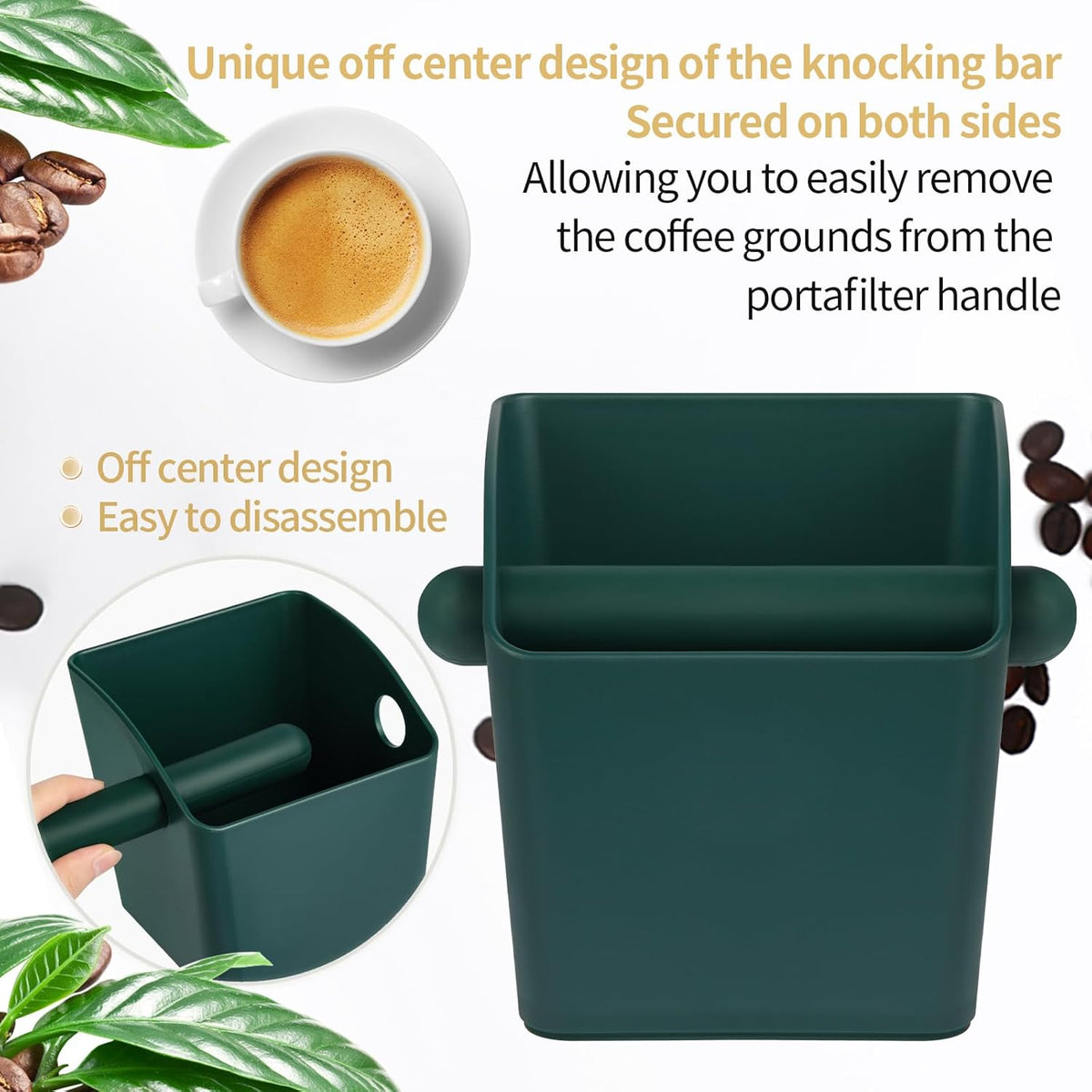 Large Square Knock Box Shock-absorbent Knock Box Espresso with Removable Knock Bar and Non-Slip Base Espresso Accessories for Home/Office (Large Green Knock Box with Tamper Mat)
