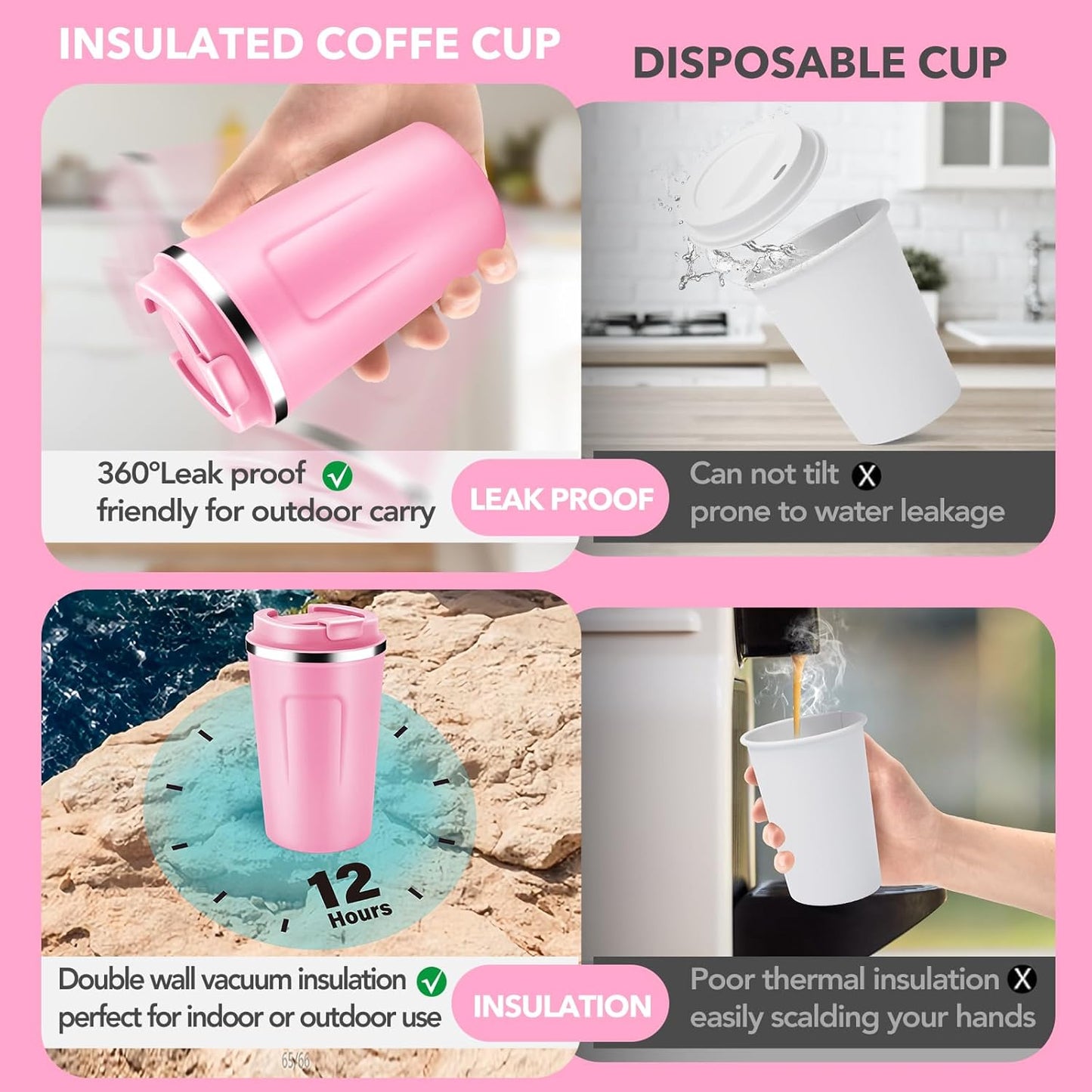 Volhoply 12 oz Double Wall Insulated Vacuum Travel Coffee Mug with Flip Lid Bulk 4 Pack,Reusable Stainless Steel Leak Proof Coffee Cups,Portable Cafe Thermal Tumbler for Hot & Cold Drinks(Pink,4 Set)