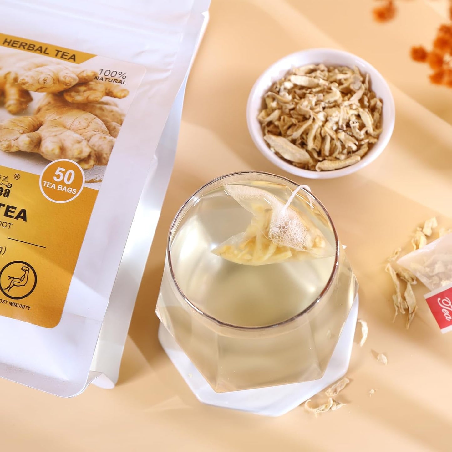 FullChea - Ginger Tea Bags, 50 Teabags, 2g/bag - Premium Ginger Root Tea Bag - Warm & Spicy - Non-GMO - Caffeine-free - Support Digestion & Boost Immunity