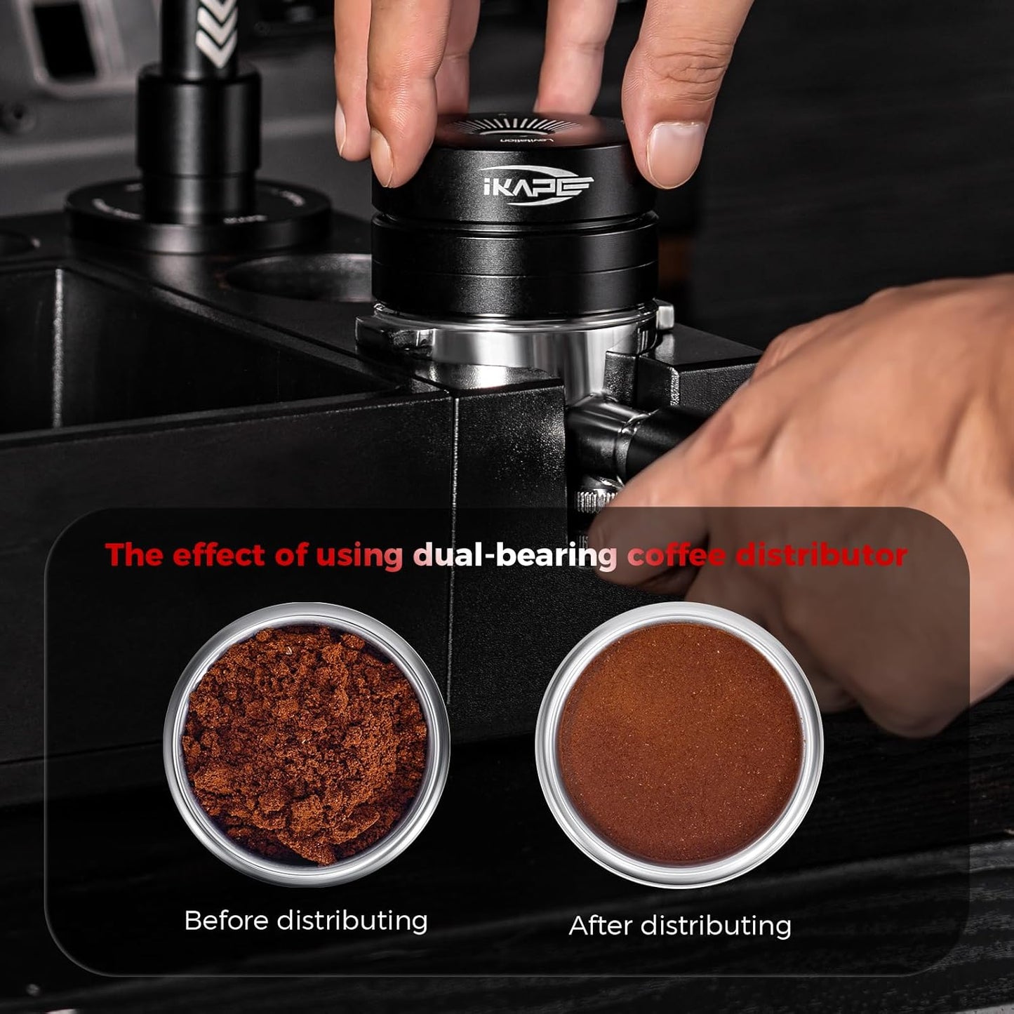 IKAPE 53.3MM Newly Upgrade Espresso Coffee Distributor, Coffee Dual-Bearing & High-Speed Distribution Tools, Adaptive Height Coffee Tamper Leveler for 54mm Portafilters