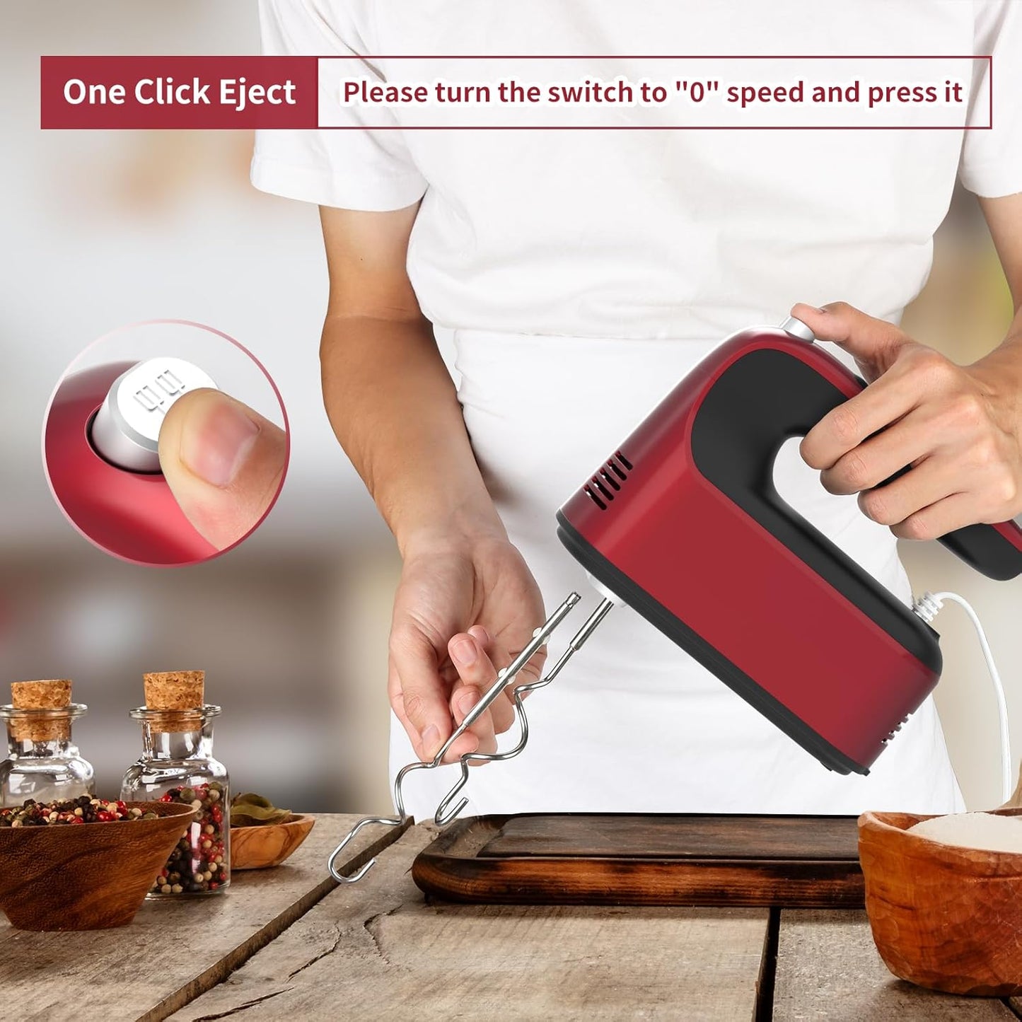 9-Speed Digital Hand Mixer Electric, 400W DC Motor, Hand Mixer electric Handheld with Snap-On Storage Case, Touch Button, Turbo Boost, 5x Stainless Steel Accessories (Red)
