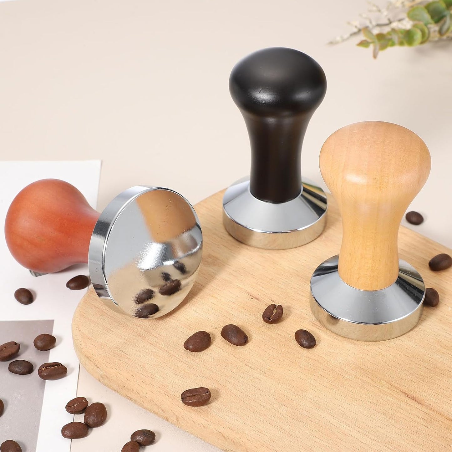 uxcell 53mm Coffee Tamper, Stainless Steel Espresso Press Tamper, Espresso Tamper with Wooden Handle Suitable for Coffee Shop, Restaurant Bar, Bakery (Light Brown)