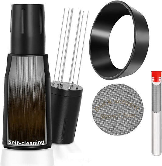 WDT Tool Espresso Distributor Accessory kit &1.7mm Thickness 150μm Mesh Puck Screen & 8 Magnets dosing ring Compatible with Portafilter (WDT +58MM Black dosing ring&puck screen)