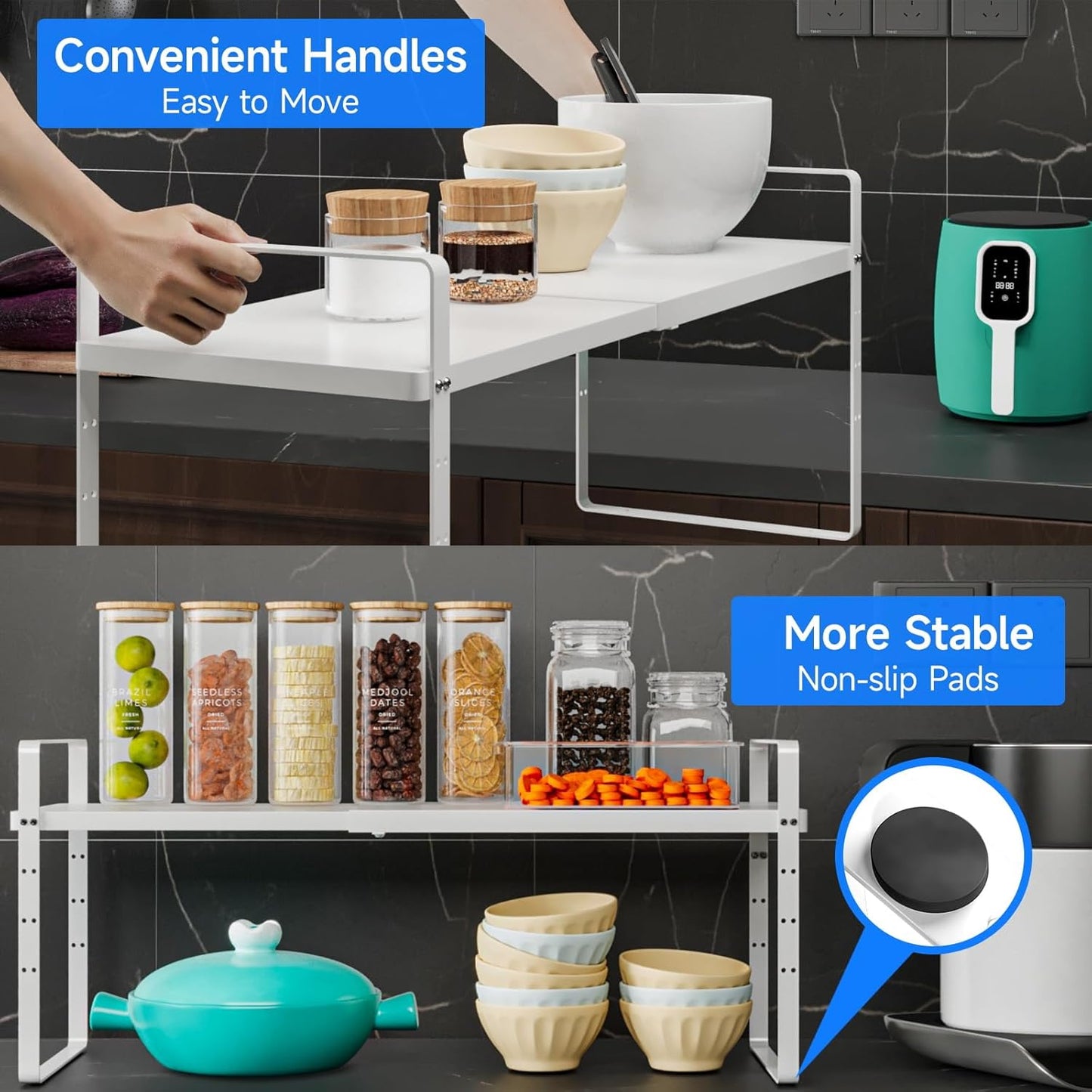 Expandable Cabinet Shelf Organizer, Stackable Kitchen Pantry Counter Storage, Adjustable Closet Cupboard Stand Rack Risers Spice Organization 80LBS Heavy Duty White Small 2 Pack