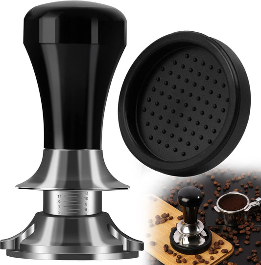 Newest 58mm Espresso Coffee Tamper Adjustable Height with Scale, 30lbs Springs Tamping Strength, Stainless Steel Flat Base, with Mat