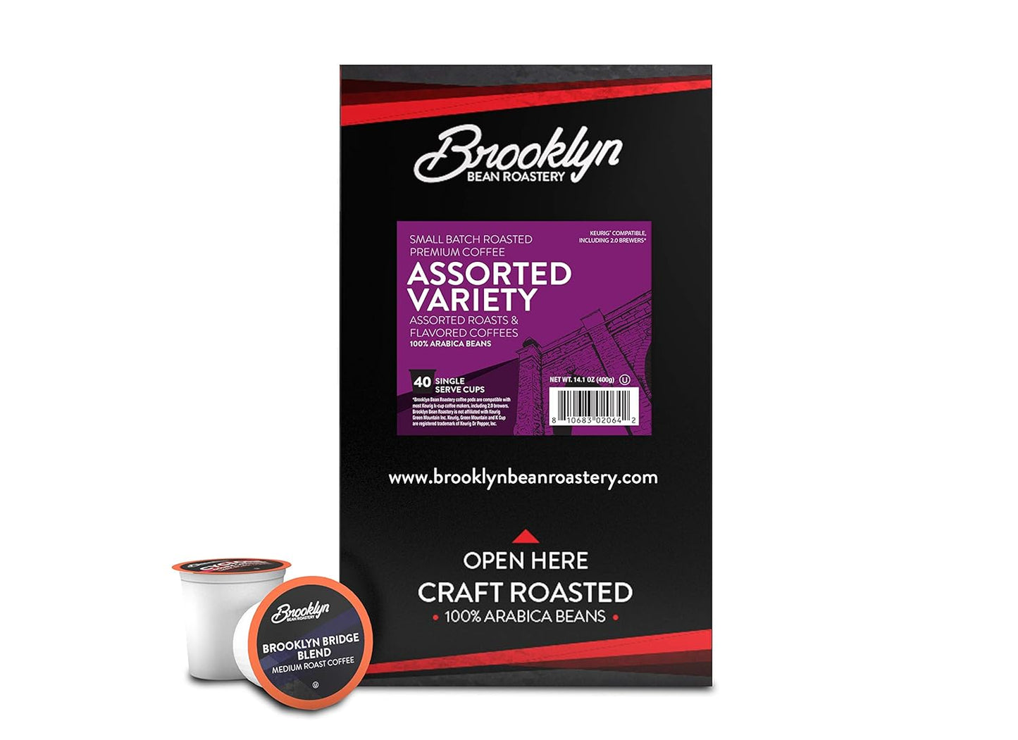 Brooklyn Beans Coffee Pods, Assorted Gourmet Variety Pack - Compatible with Keurig 2.0 K Cup Brewers, 40 Count, A Mix of Gourmet Flavors