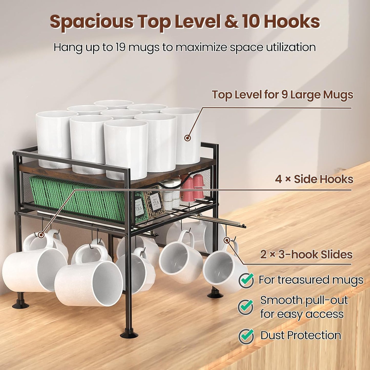 Coffee Bar Organizer Countertop, 2 Tier Mug Cup Holder Stand with 10 Hooks, 60 K Cup Coffee Pod Drawer with Mug Rack, Multifunctional Shelf Organizer for Kitchen, Vintage Brown
