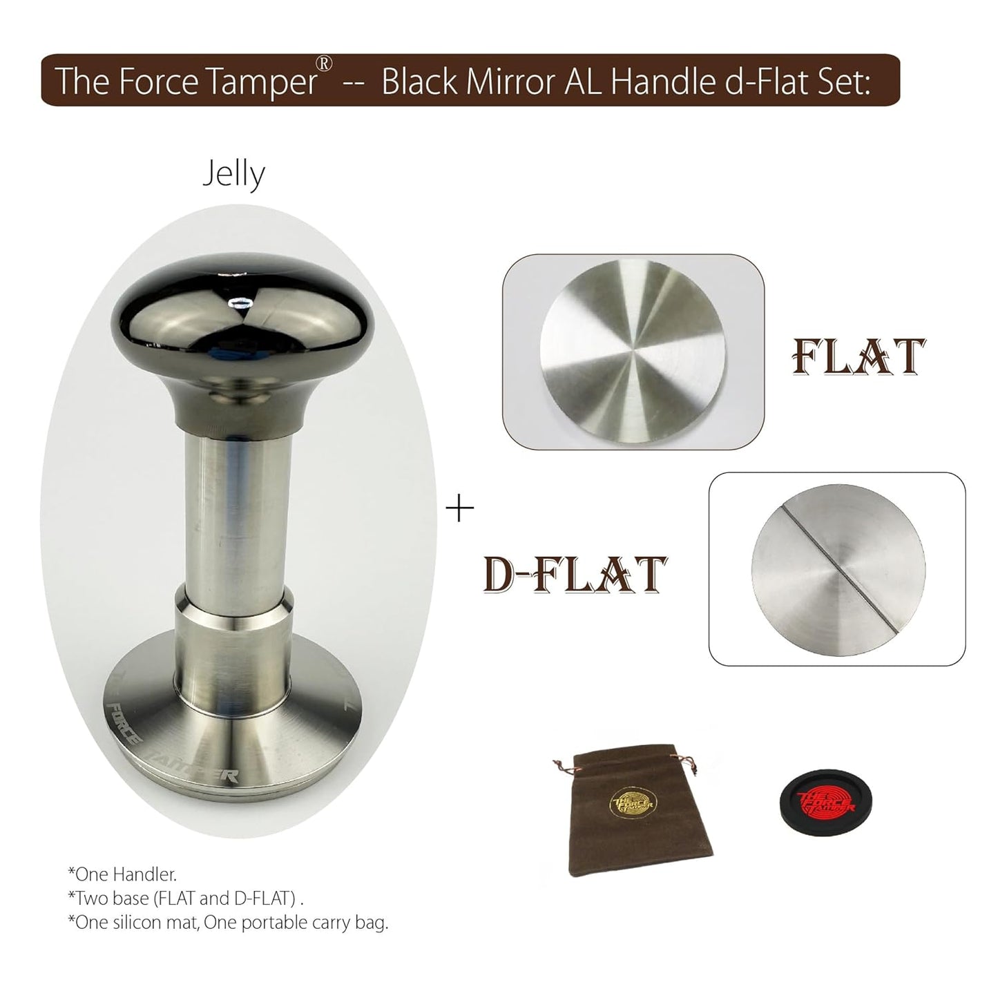 The Force Tamper Automatic Impact Adjustable Constant Pressure and Autoleveling Coffee Tamper Black Mirror Jellyfish AL Handle Set Pro (Flat-Distribute Set, 58.50mm)
