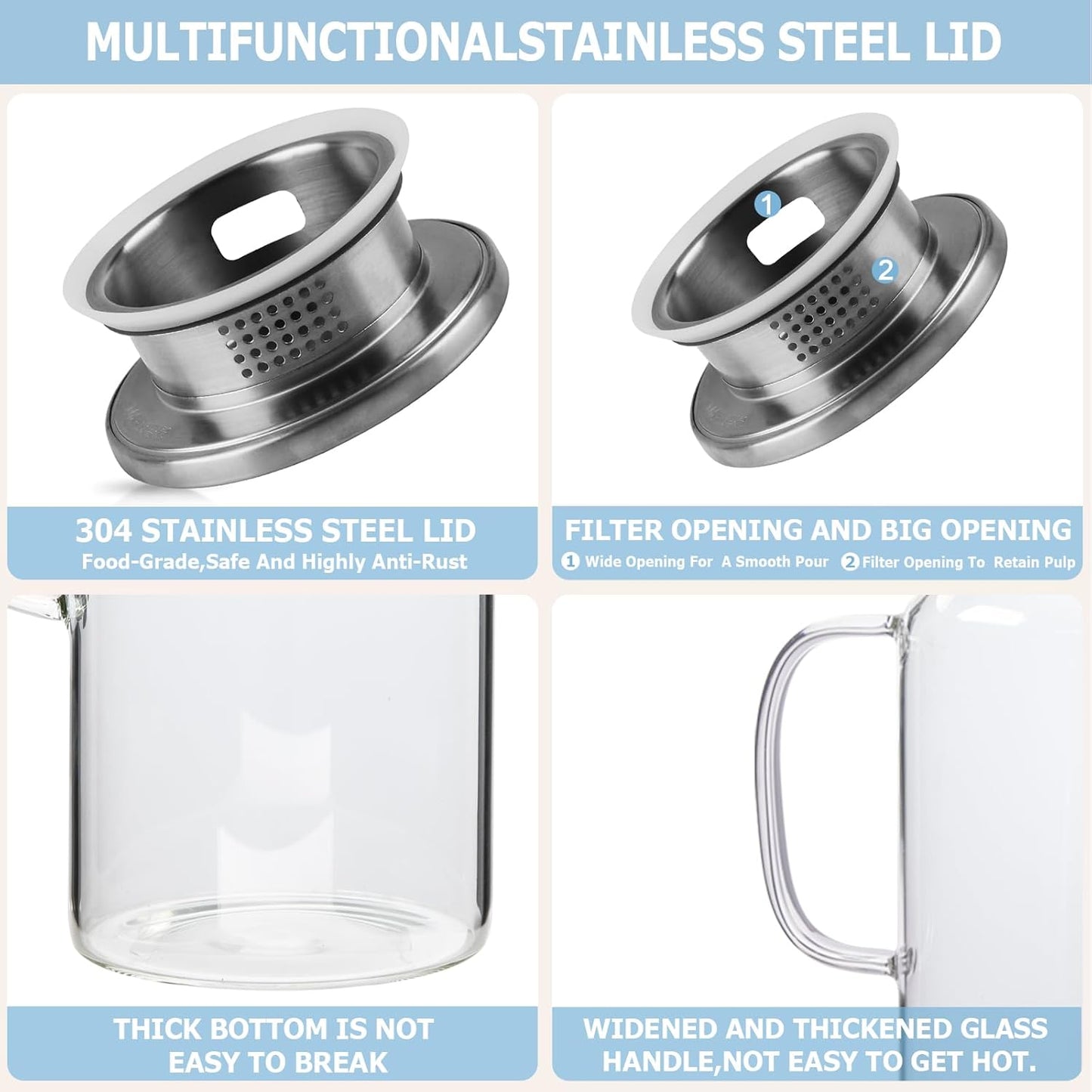 Yirilan Glass Pitcher, 1.8 Liter Water Pitcher with Lid, Beverage Pitchers for Hot, Cold Water, Iced Tea and Juice Drink with Cup Brush