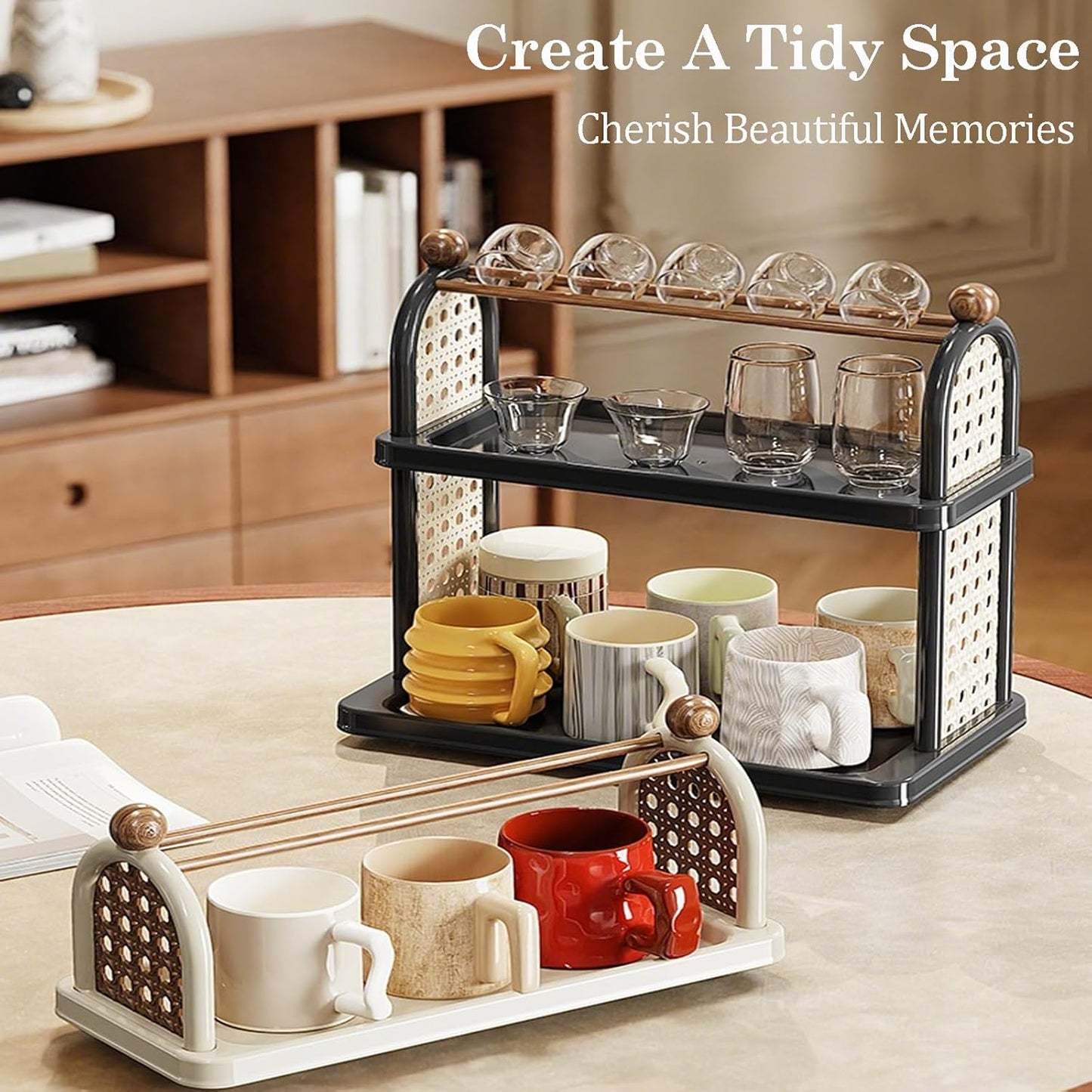 2-Tier Rattan Organizer Vintage Coffee Mug Cup Holder for Countertop Kitchen Bedroom and Living Room, Saucer Bottle Storage Kitchen Accessories (White)