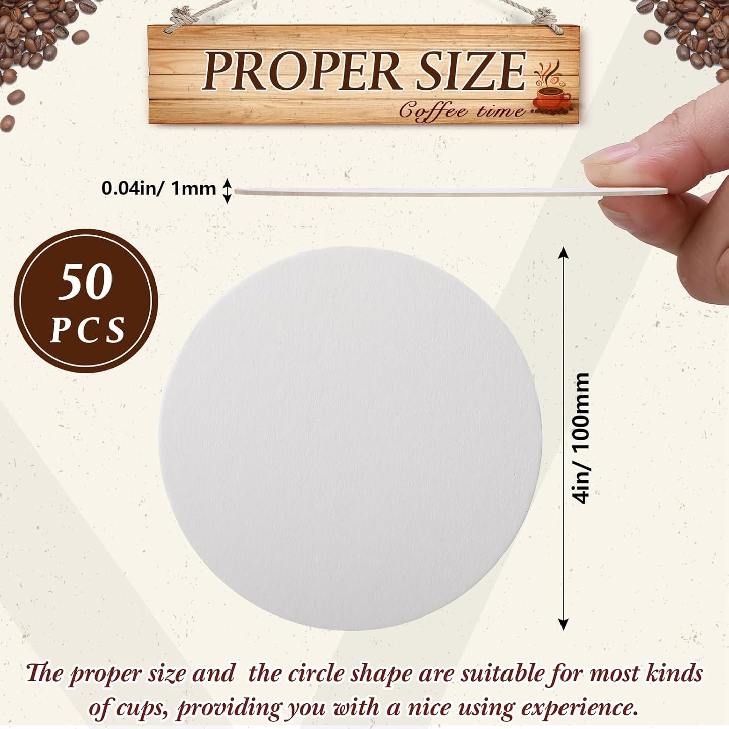 TaoBary 50 Pcs Disposable Paper Coasters Bulk 1MM, 4 Inch Round Cardboard Coasters Blank for Bar Drinks DIY Crafts Arts Wedding (White)