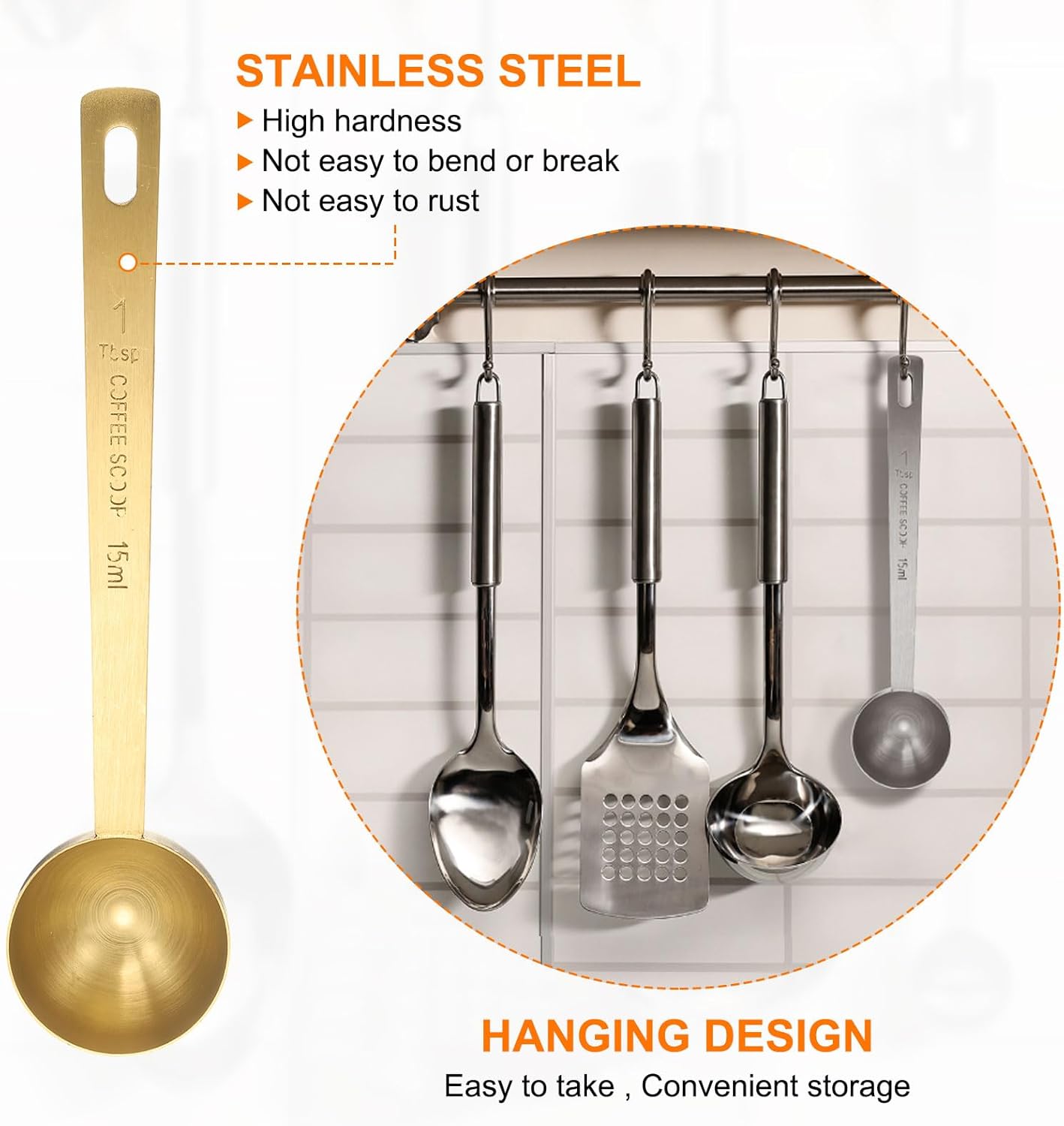 HARFINGTON 2pcs Coffee Scoop Spoon 1tbsp (3tsp, 15ml) 304 Stainless Steel Long Handle Teaspoon/Tablespoon Measuring Spoons Scoops for Tea Sugar Kitchen, Gold