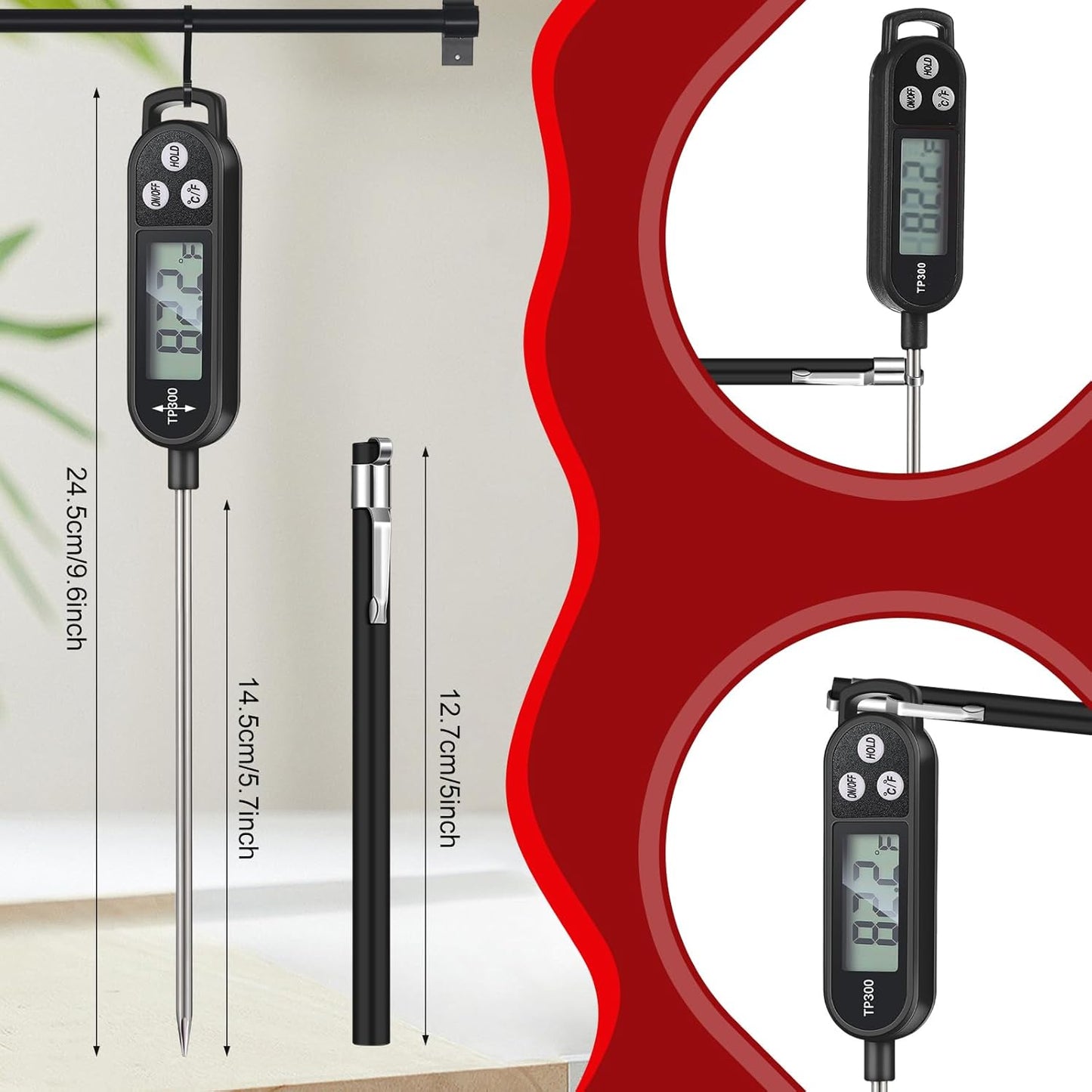 12 Pcs Meat Food Thermometer Food with Probe Water Liquid Instant Read Digital Thermometer Kitchen Cooking Supplies for Cooking BBQ Milk Yogurt (Black)