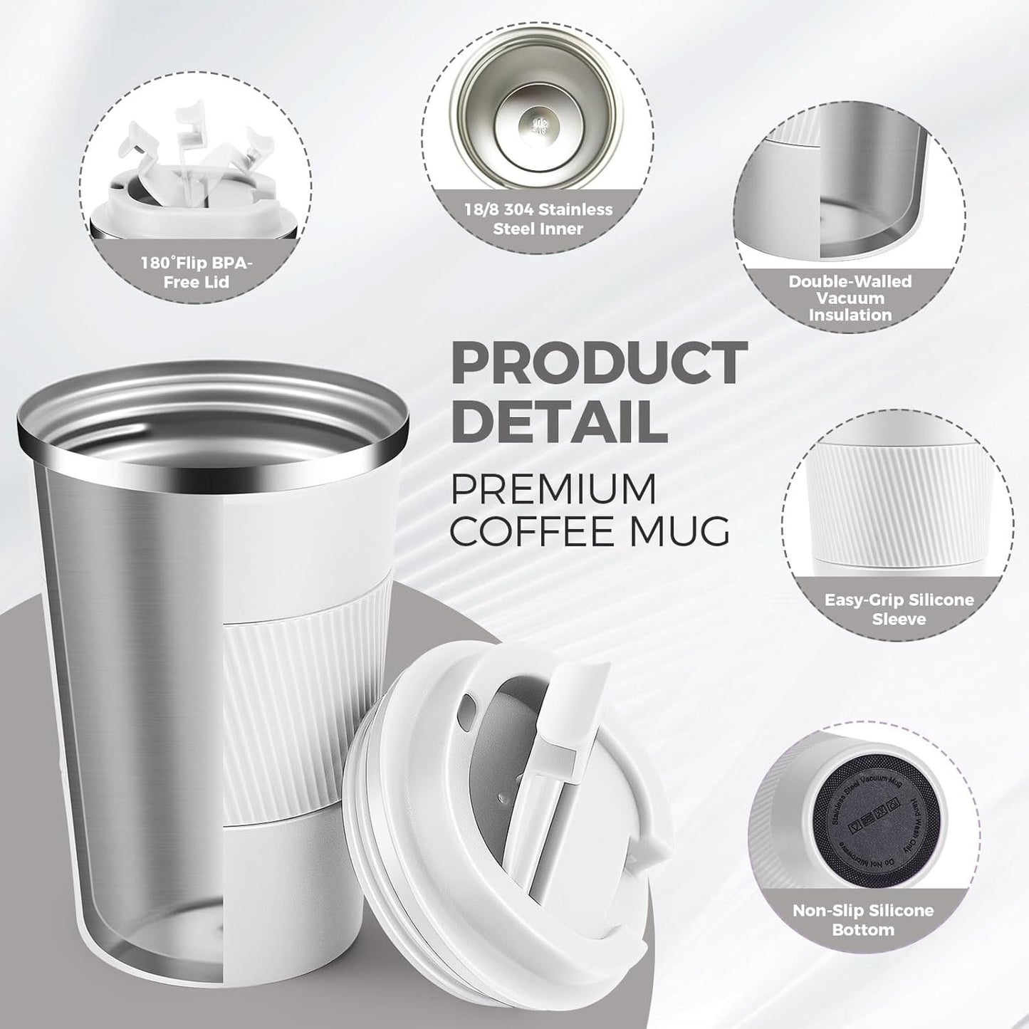 Volhoply 13 oz Stainless Steel Insulated Travel Coffee Mug with Fip Lid,Reusable Double Wall Vacuum Metal Coffee Cup,Portable to Go Leak Proof Cafe Thermal Tumbler for Hot & Cold Drinks(White,1)