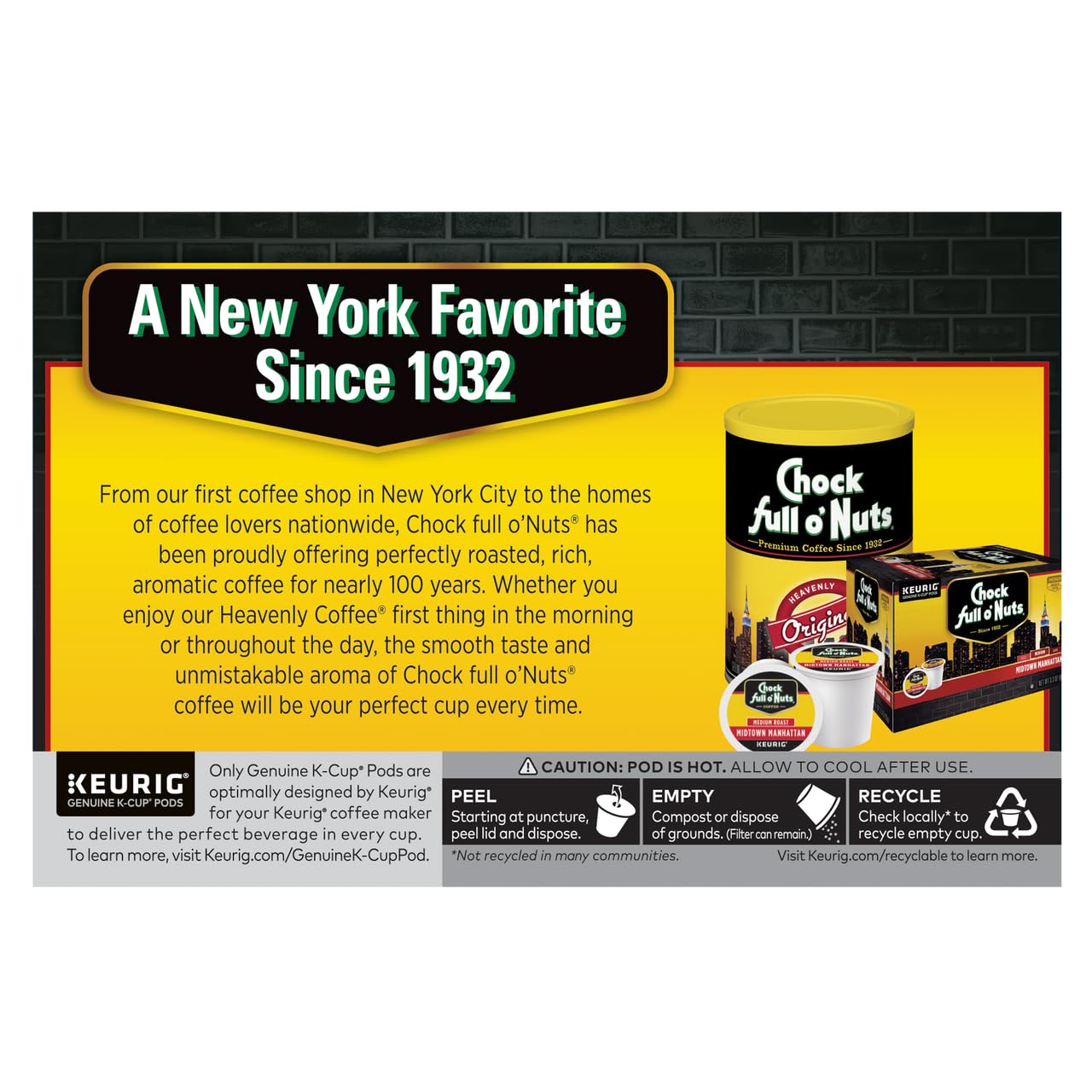 Chock Full o'Nuts Upper West Side Coffee, Dark Roast, Compatible with K-Cup Pods, 12 CT (Pack of 3)