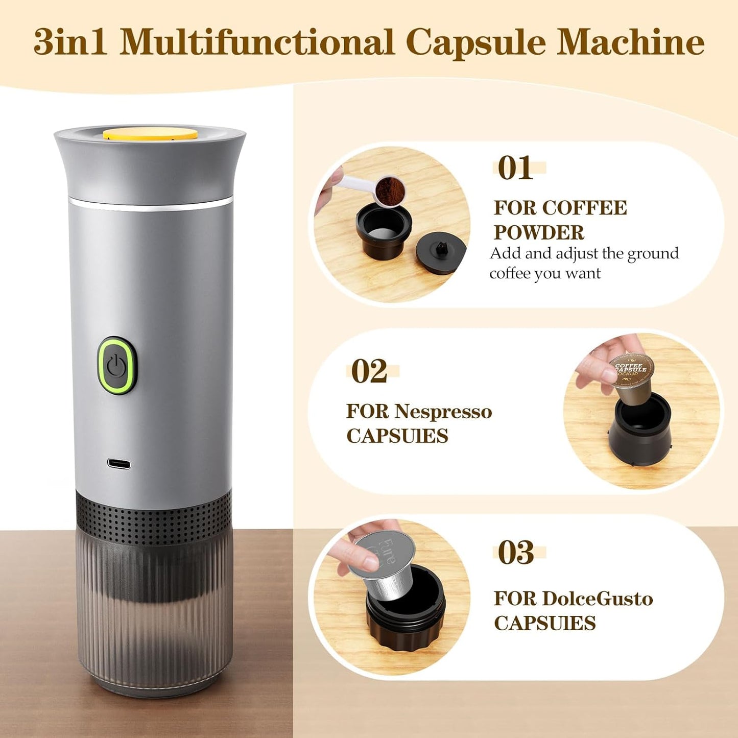 3-in-1 Portable Espresso Maker, Travel Coffee Maker, Self-Heating Car Coffee Maker with USB-C, Small Espresso Machine with Ground Coffee & Capsules (NS＆DG) for RV, Hiking, Office (silver)