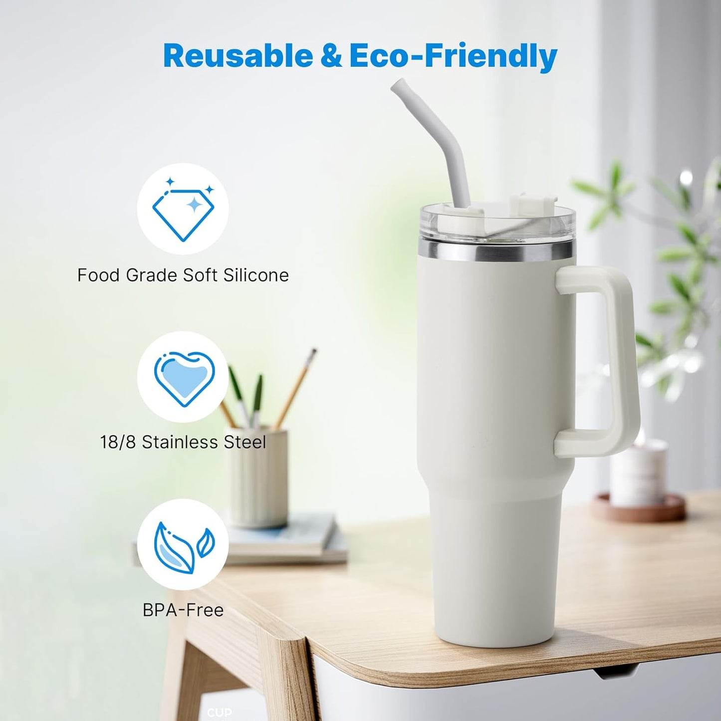 Metal Straw with Silicone Tip for 40oz Stanley Cup, 2 Pcs Stainless Steel Straws Replacement for Stanley 40 oz Adventure Quencher Travel Tumbler Cup, 1 Straw Brush (Cream Grey)