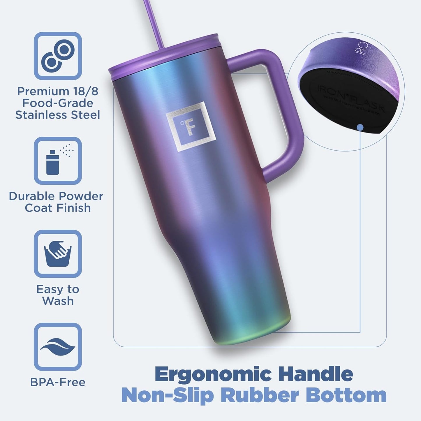 IRON °FLASK Co-Pilot Insulated Mug w/Straw & Flip Cap Lids - Cup Holder Bottle for Hot, Cold Drink - Leak-Proof - Water, Coffee Portable Travel Mug - Dark Rainbow, 40 Oz