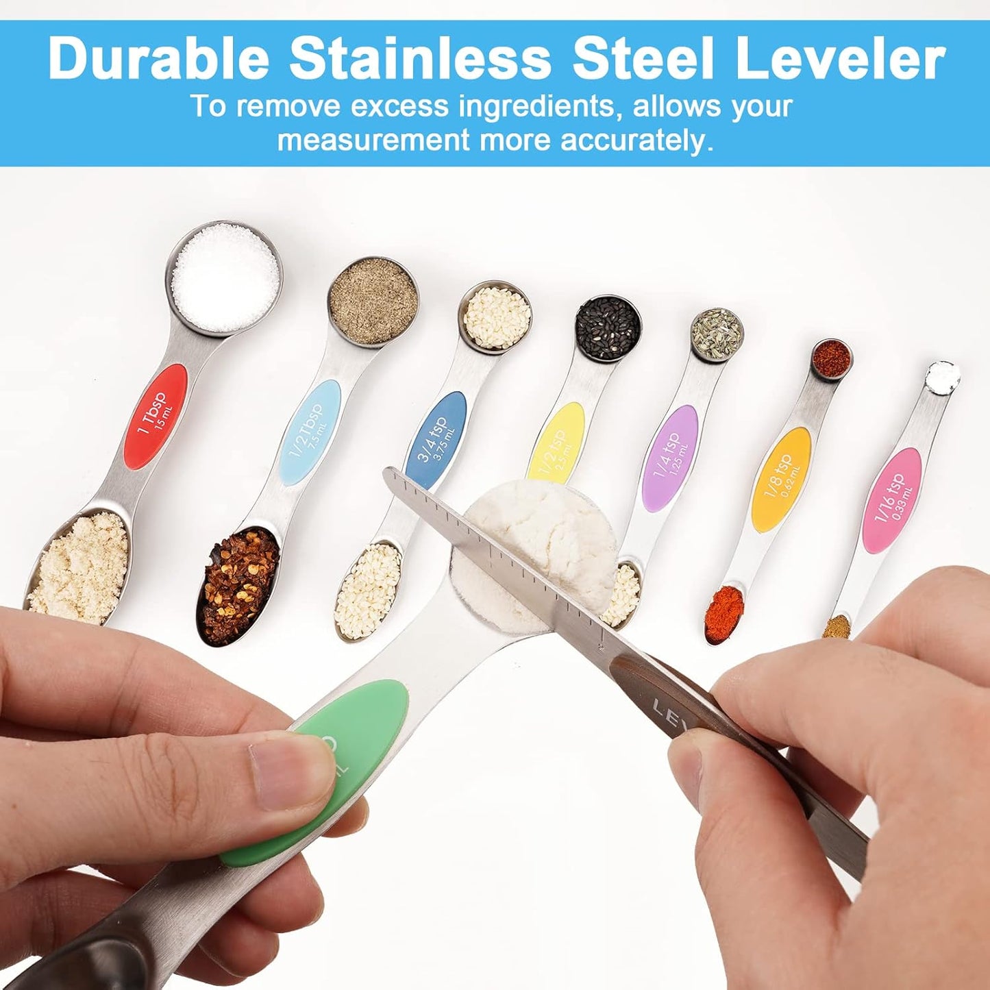 Aovchei 9 PCS Magnetic Measuring Spoons Set, Dual Sided, Stainless Steel Small Tablespoon, Teaspoons, Fits in Spice Jars, for Dry and Liquid, MultiColor