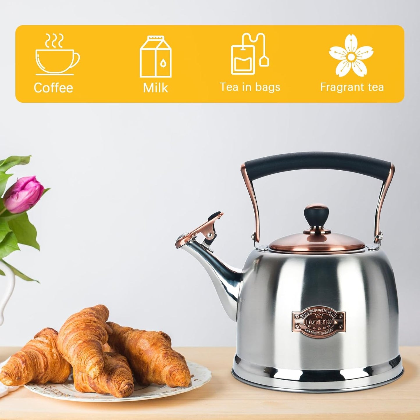 Tea Kettle Stainless Steel Teapot, Stainless Steel Teakettle for Stove Top with Heat Proof Ergonomic Handle 3.0 Quart