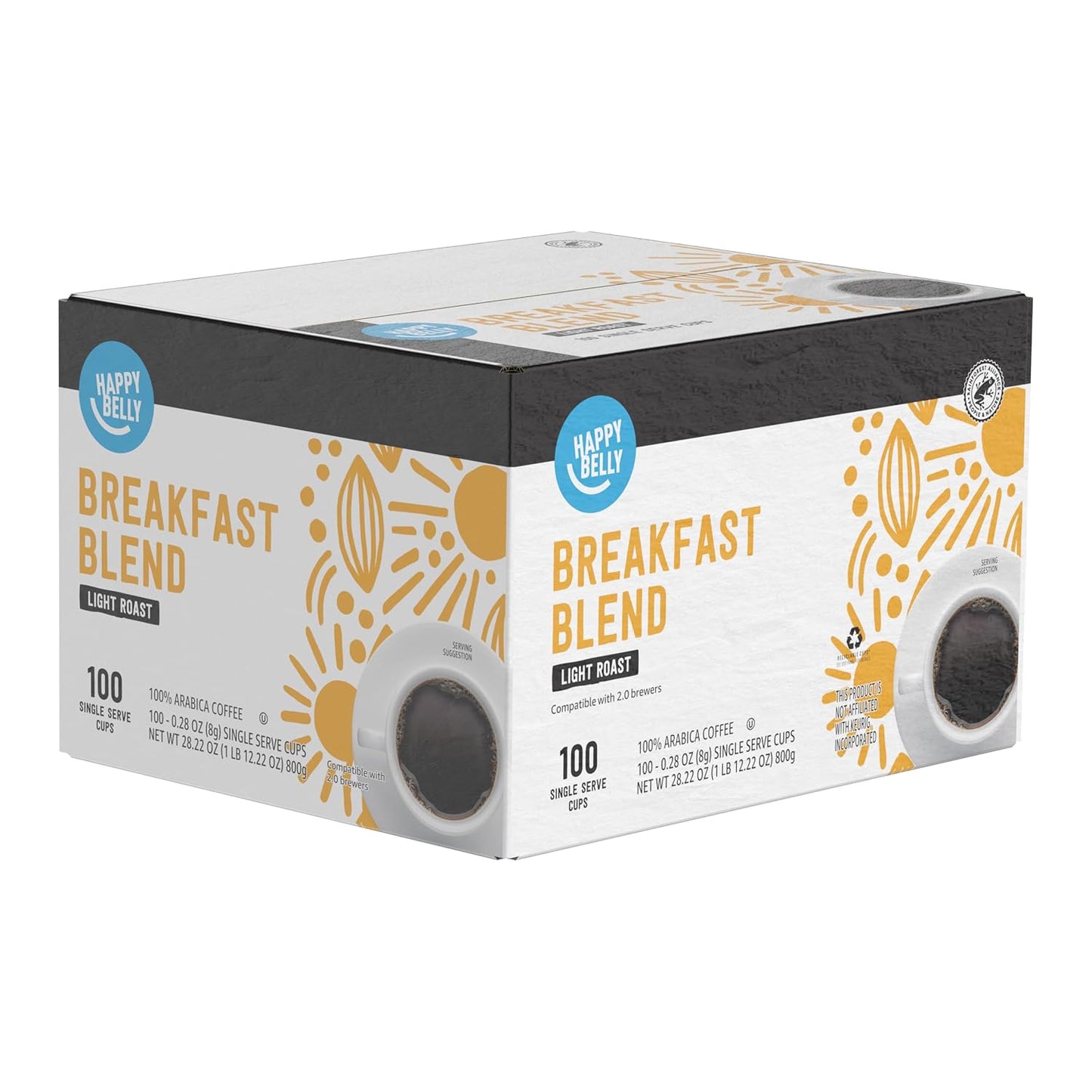 Amazon Brand - Happy Belly Light Roast Coffee Pods, Breakfast Blend, Compatible with Keurig 2.0 K-Cup Brewers, 100 Count (Pack of 2)
