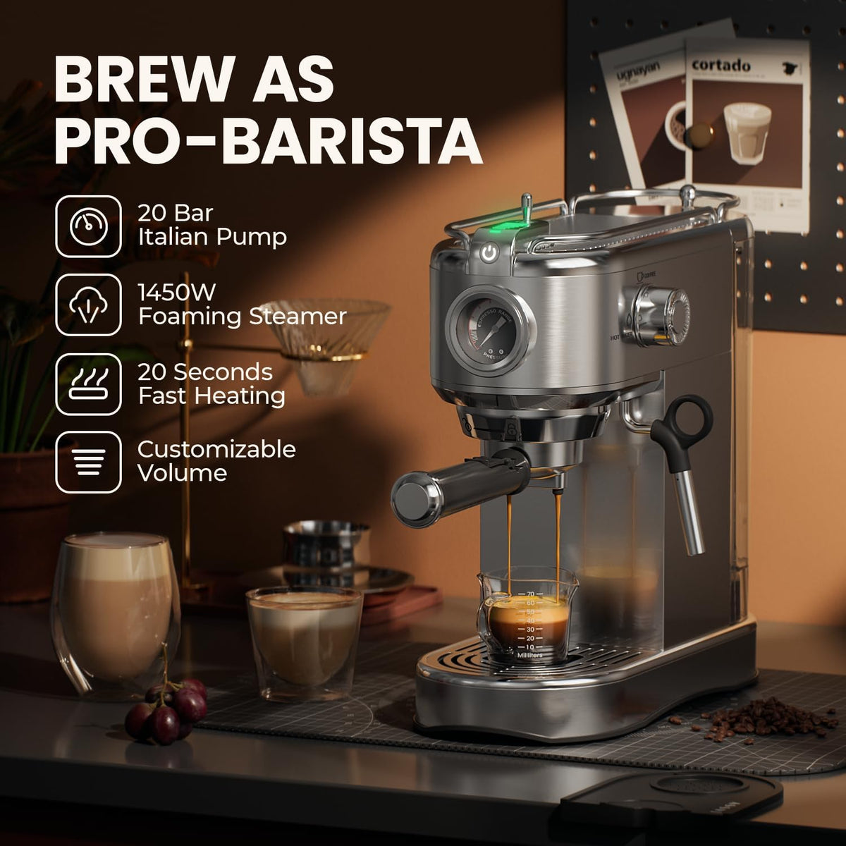 Espresso Machine - 20 Bar Espresso Maker with Milk Frother Steam Wand, Coffee Maker for Latte & Cappuccino, 1450W Semi-Automatic Coffee Machine with 34oz Removable Water Tank, Compact Kitchen
